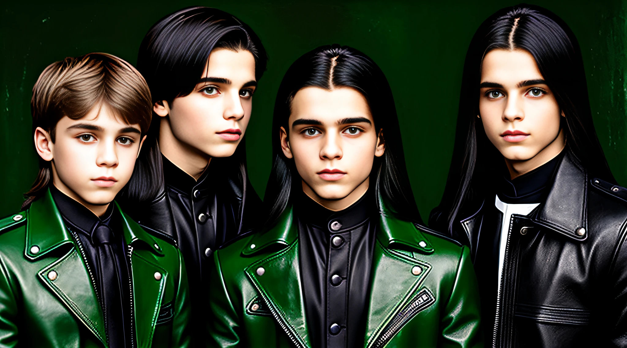 4 BOYS Russian children 20 years old, WITH LONG DARK STRAIGHT HAIR, WITH GREEN LEATHER OVERCOAT, PORTRAIT STYLE, WITH BLACK BACKGROUND.