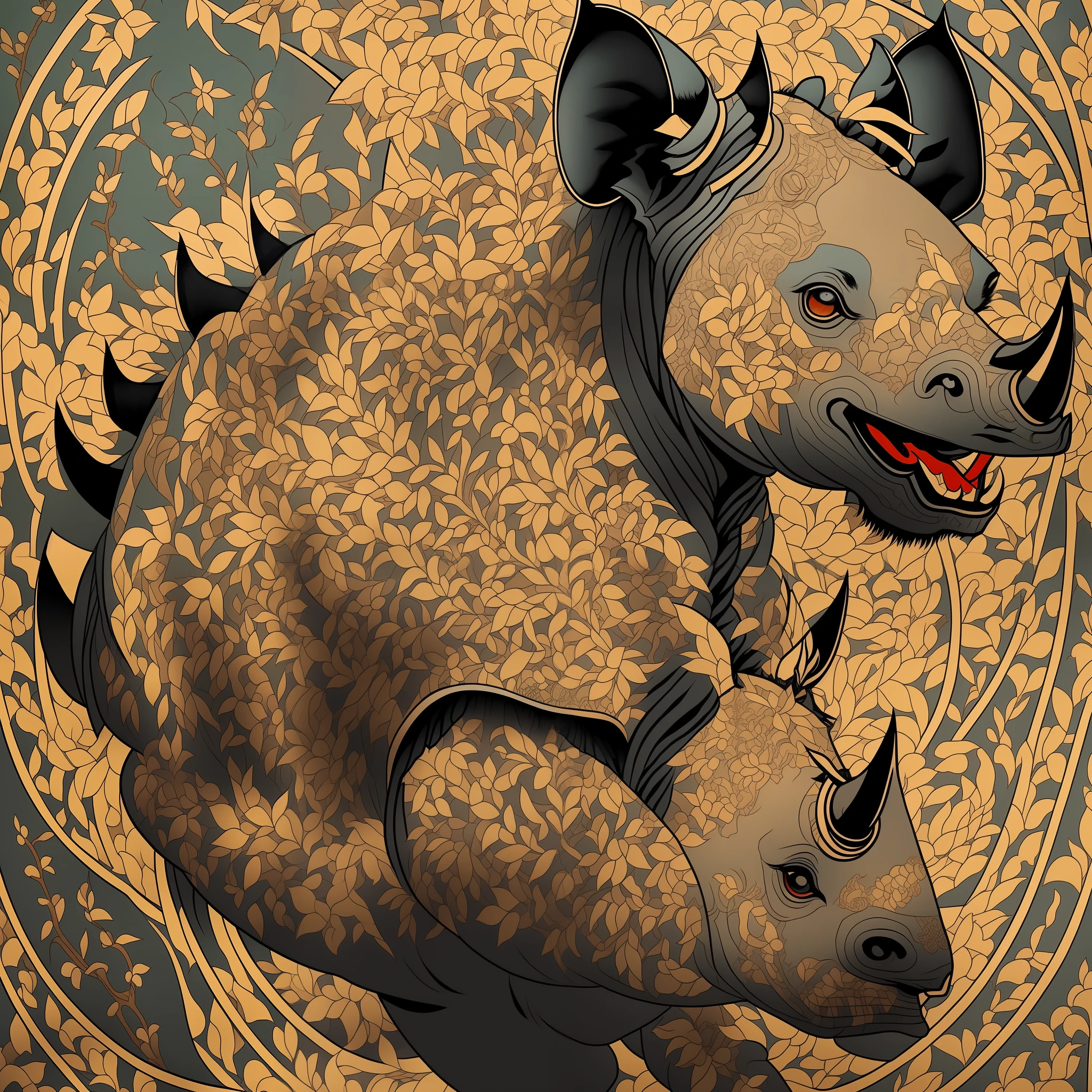 Close-up of an ancient Chinese adult rhinoceros, the main body is a black rhinoceros, horns on the nose, mural, fierce expression, Asura in Chinese mythology, ancient Chinese art style, Wen Boren, black Chinese rhino fantasy, mythical creatures, Chinese rhino concept art, ancient Chinese gorgeous, Chinese mythology, ink flowers, inspired by Puhua, an ancient creature, qigong, single close-up, with body, Qing dynasty painting, traditional painting, intricate detail painting, the best quality, masterpiece, very delicate and beautiful