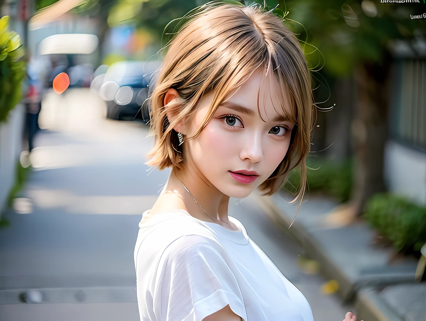 (8k, Best Quality, Masterpiece:1.2),(hair_style) ,(Realistic, Photorealistic:1.37), Best Quality, Masterpiece, Shot on wooden deck with sky and sea view in summer sunshine, [Small breasts], Backlight, Camera angle from waist up, Angle from behind, Pose with hair up with hands, Shot in natural light from morning to noon, Hairstyle and fashion style according to the Japan trend of 2023, realistic, lifelike, super detailed, beautiful face, 30s, actress, half Japan and half Russian, elaborate CG, slender, cute, mature, hairstyle is a short bob cut that matches the fashion of Japan in 2023 and hair fluttering in the wind, delicate skin type, fine details and softness of hair, The model's hair color is slightly bright and soft, and for glossy makeup and fashion style, choose an oversized T-shirt that matches the summer trend of 2023 and combine it with light pastel colors for a casual look.