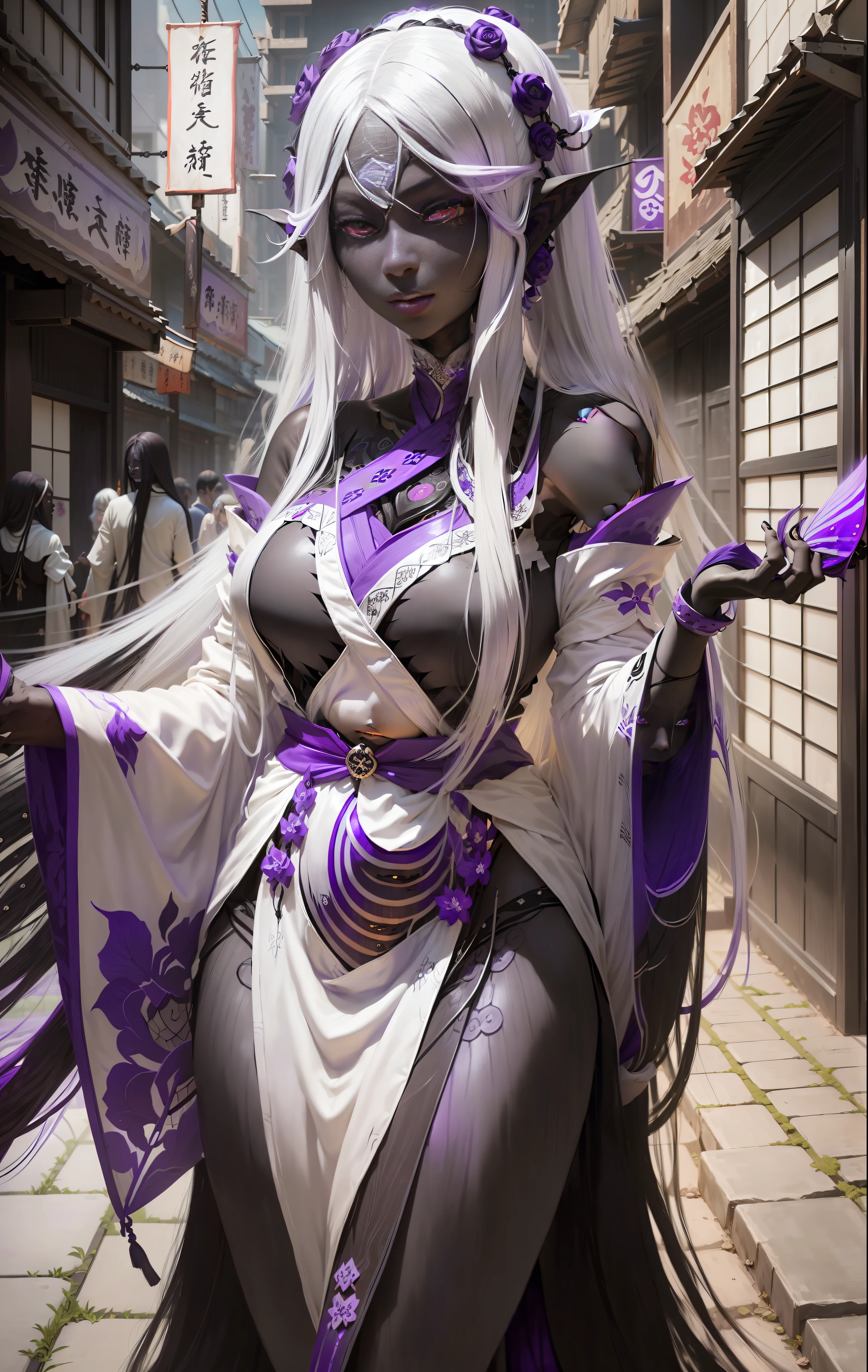 Young drow woman with long flowing white hair, (deep black skin:1.8), and (captivating deep violet eyes:1.6), dressed in traditional Japanese attire, gazing confidently at the viewer, amidst the hustle and bustle of a bustling feudal Japanese city.