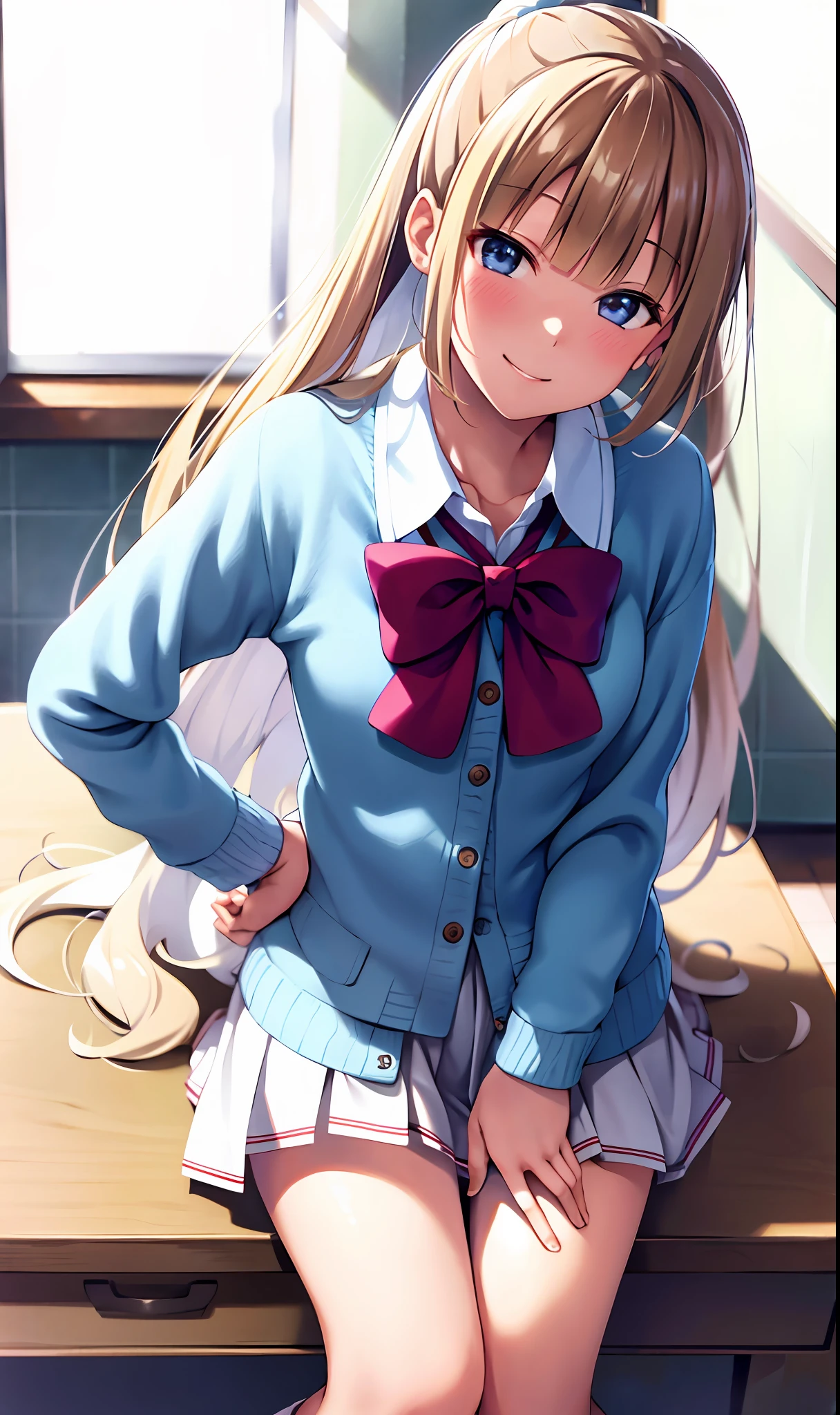 (masterpiece), (best quality), (illustration), (beautiful detail), (highres), (youjitsukei), white skirt, brown shoes, miniskirt, pleated skirt, red jacket, looking at the viewer, arms behind the head, sitting, (school uniform), white shirt, smile, blush, indoors, window, [building], bedroom, sitting on the bed, (coffee: 0.5),