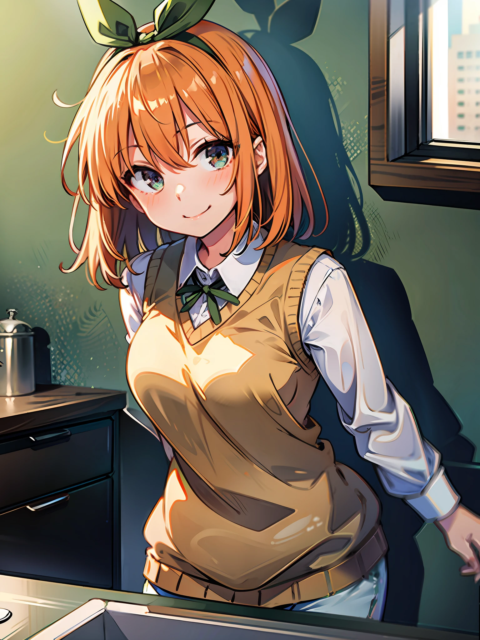 masterpiece, top quality, best quality, 1girl, Yotsuba, (smile), (green ribbon), Sweater Vest, jacket, (apartment), (kitchen), sun light, (messy)