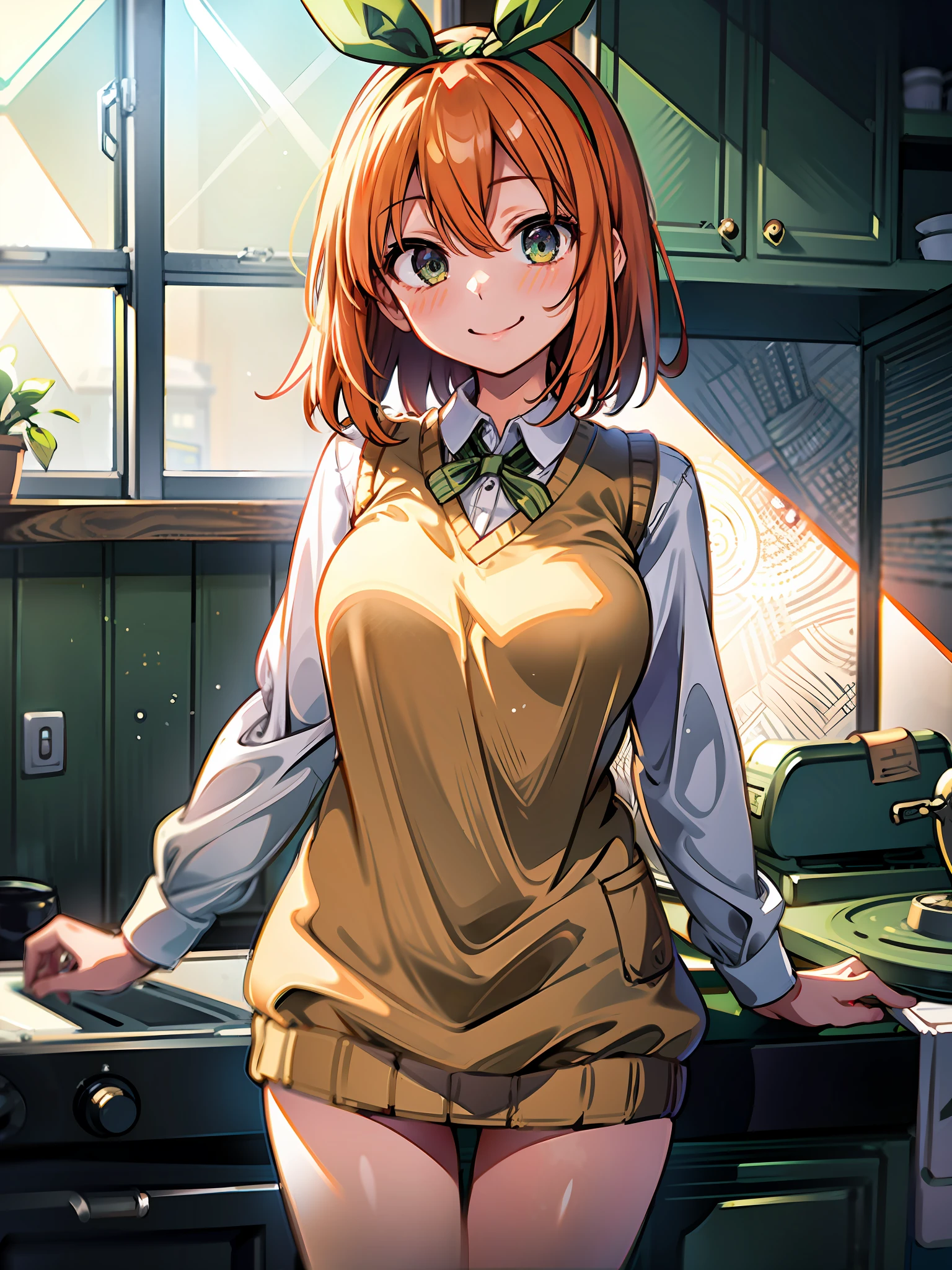 masterpiece, top quality, best quality, 1girl, Yotsuba, (smile), (green ribbon), Sweater Vest, jacket, (apartment), (kitchen), sun light, (messy)