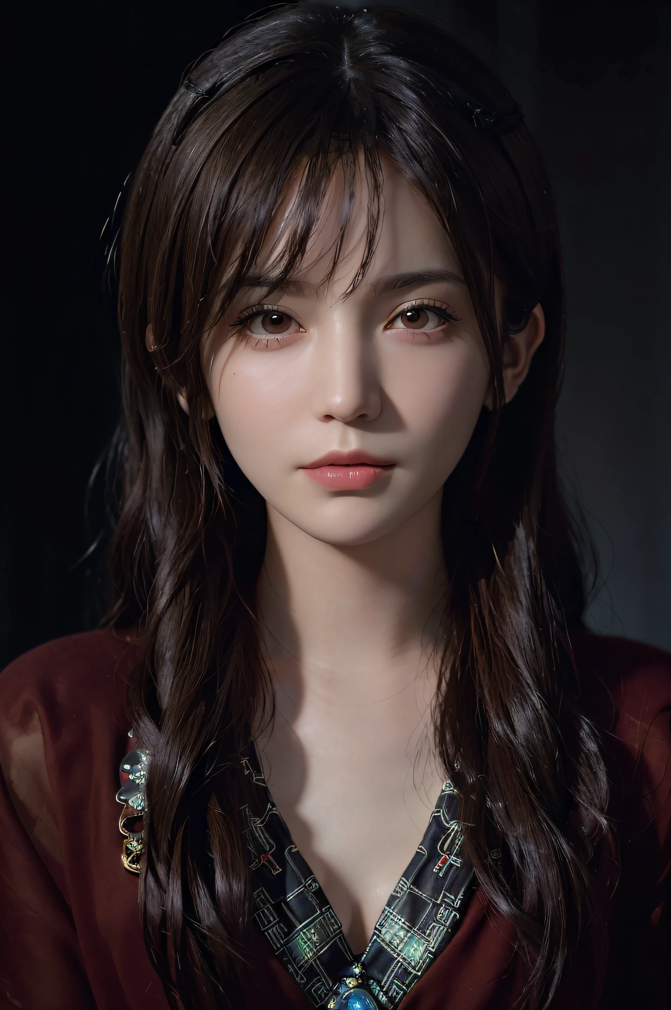 (front focus), (in the dark:1.6), Hyperrealist portrait of female by david hockney and alphonse mucha, fantasy art, photo realistic, dynamic lighting, artstation, poster, volumetric lighting, very detailed faces, 4 k, award winning, 1girl, in the dark, deep shadow, low key, cowboy shot, (official clothing:1.4), long hair, white hair
