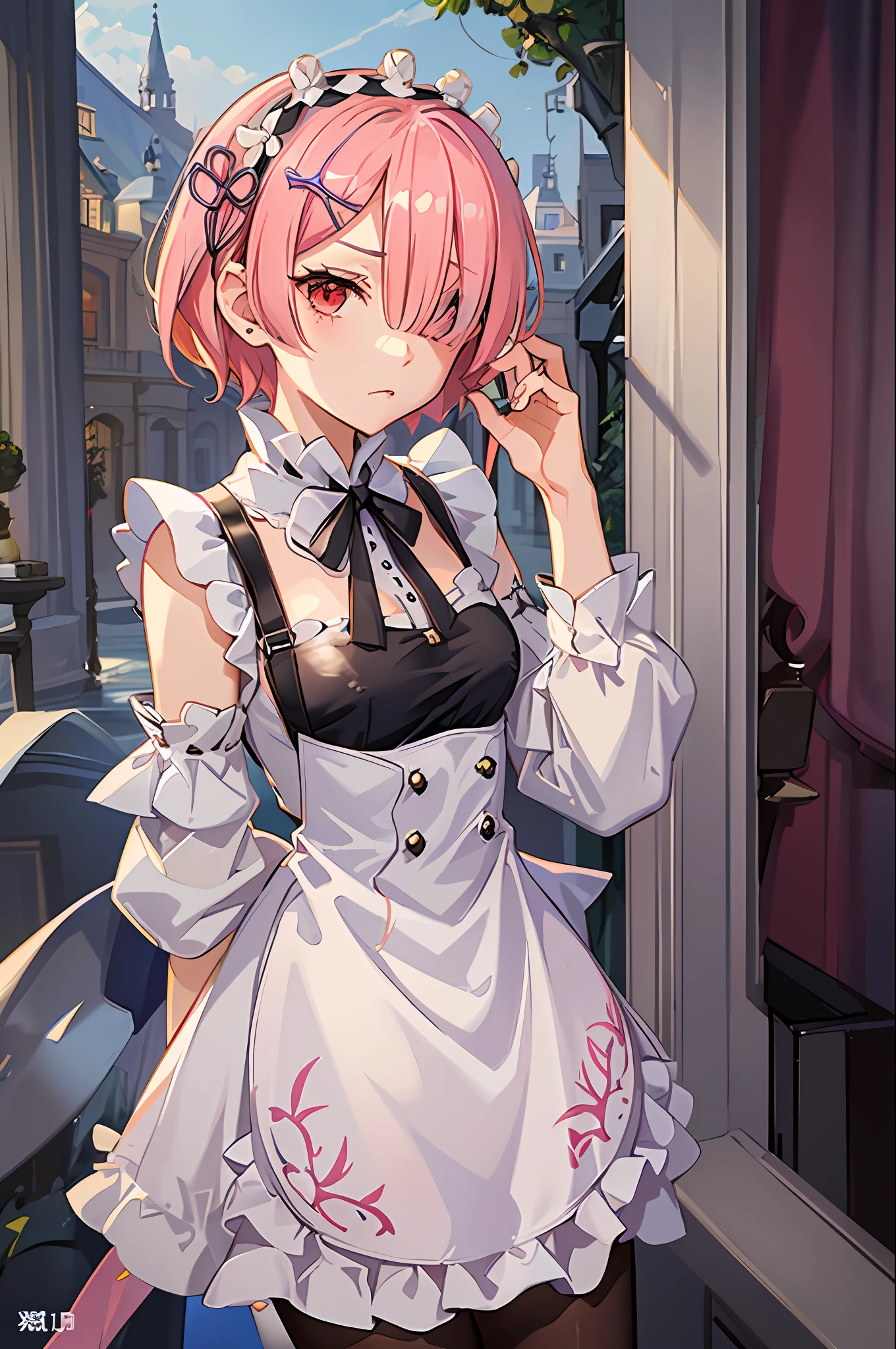((best quality)), ((masterpiece)), illustration, (detailed), 1girl, ram_rezero, cute, chibi, piercing gaze, pink hair:1.1, short hair, (hair over one eye:1.3), red eyes:1.2, roswaal mansion maid uniform, apron, (white pantyhose:1.2), looking at viewer, upper body, angry, annoyed, disgusted, glaring, mansion, (high-resolution:1.2),