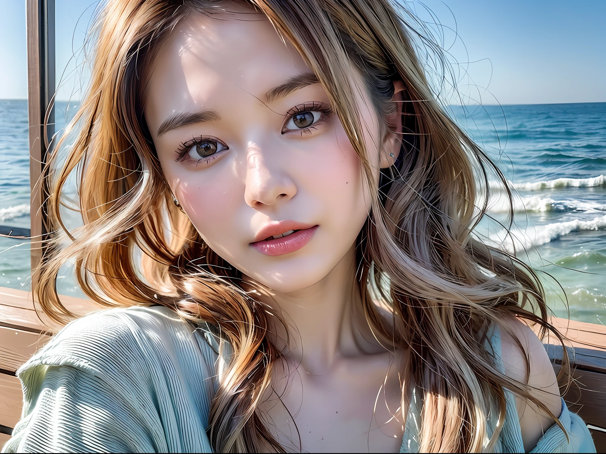 (8k, Best Quality, Masterpiece:1.2),(hair_style) ,(Realistic, Photorealistic:1.37), Best Quality, Masterpiece, Shot on wooden deck with sky and sea view in summer sunshine, [Small breasts], Backlight, Camera angle from waist up, Angle from behind, Pose with hair up with hands, Shot in natural light from morning to noon, Hairstyle and fashion style according to the Japan trend of 2023, realistic, lifelike, super detailed, beautiful face, 30s, actress, half Japan and half Russian, elaborate CG, slender, cute, mature, hairstyle is a short bob cut that matches the fashion of Japan in 2023 and hair fluttering in the wind, delicate skin type, fine details and softness of hair, The model's hair color is slightly bright and soft, and for glossy makeup and fashion style, choose an oversized T-shirt that matches the summer trend of 2023 and combine it with light pastel colors for a casual look.