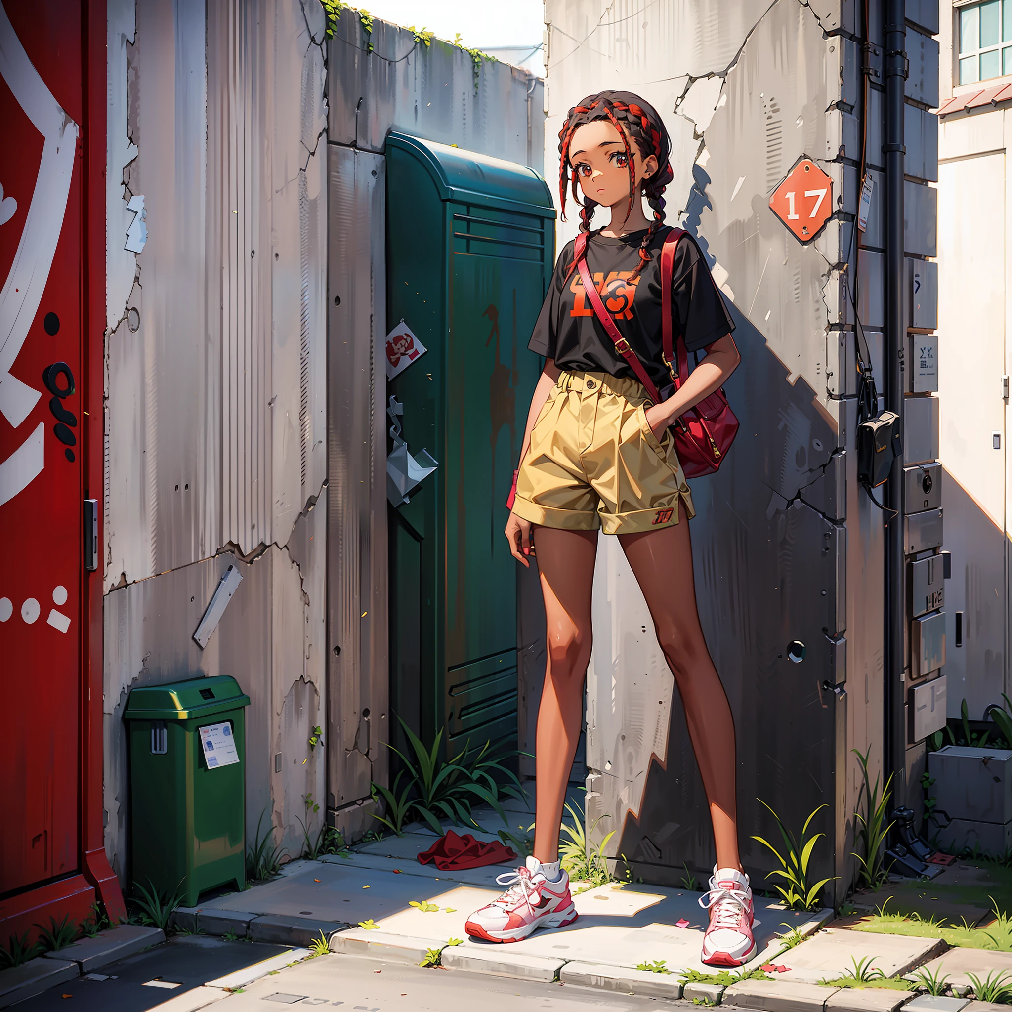 Young girl, , full body, afro braided hair, baggy shirt colorful young style, khaki color shorts of long legs skaitista style, modern red and black sneakers, right hand at the waist, left hand with glove fingers cut, alley scenery wall pixada, trash cans fallen and garbage scattered, retro anime style 80s, anime 80s, Retro anime, vibrant colors solid shadows