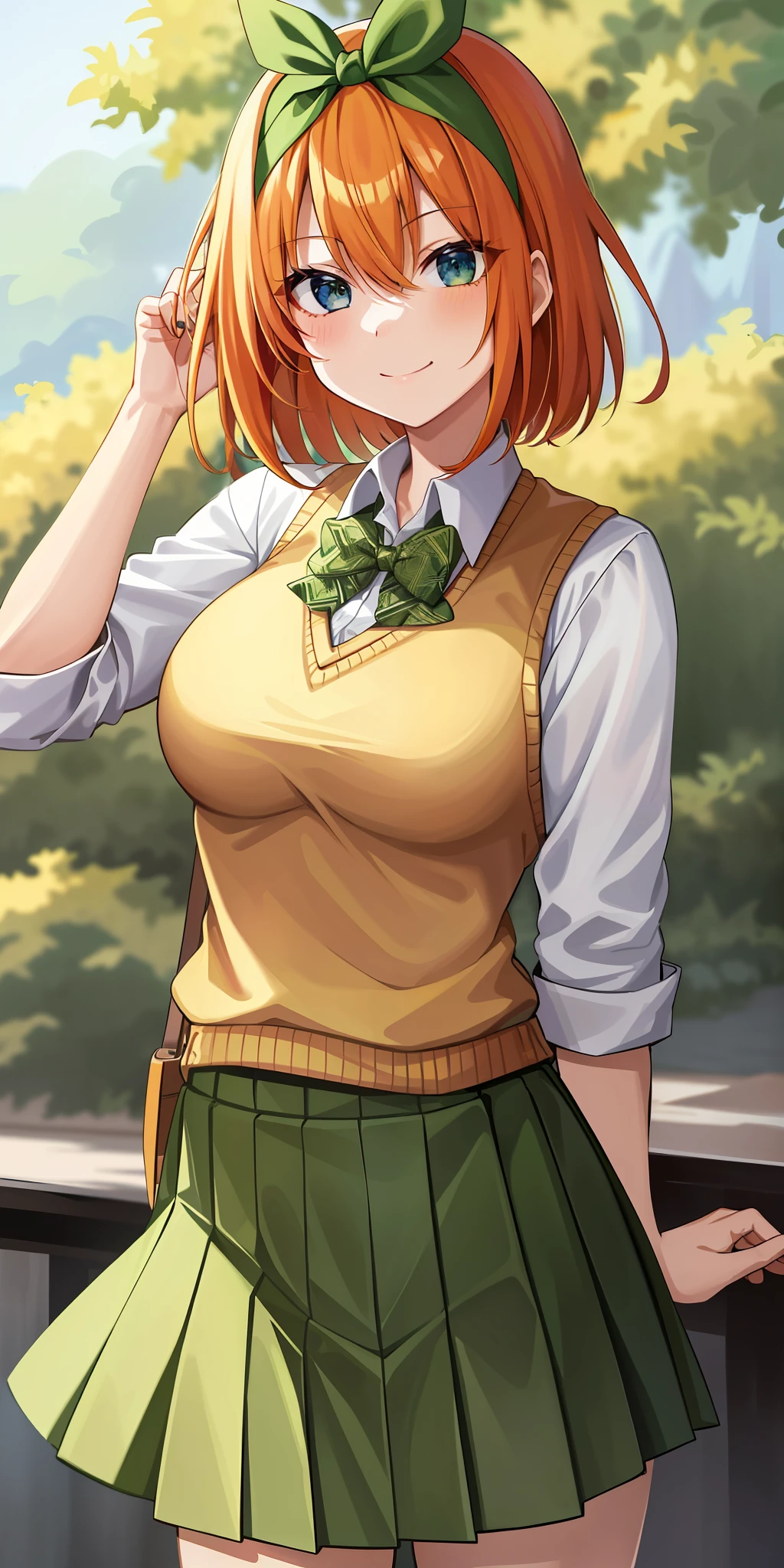 2d, masterpiece, best quality, anime, highly detailed, 1girl, solo, cowboy shot, nakano yotsuba, orange hair, hair bow, green bowtie, yellow sweater, collared shirt, green skirt, miniskirt, medium breasts, standing, school, outdoors, smile