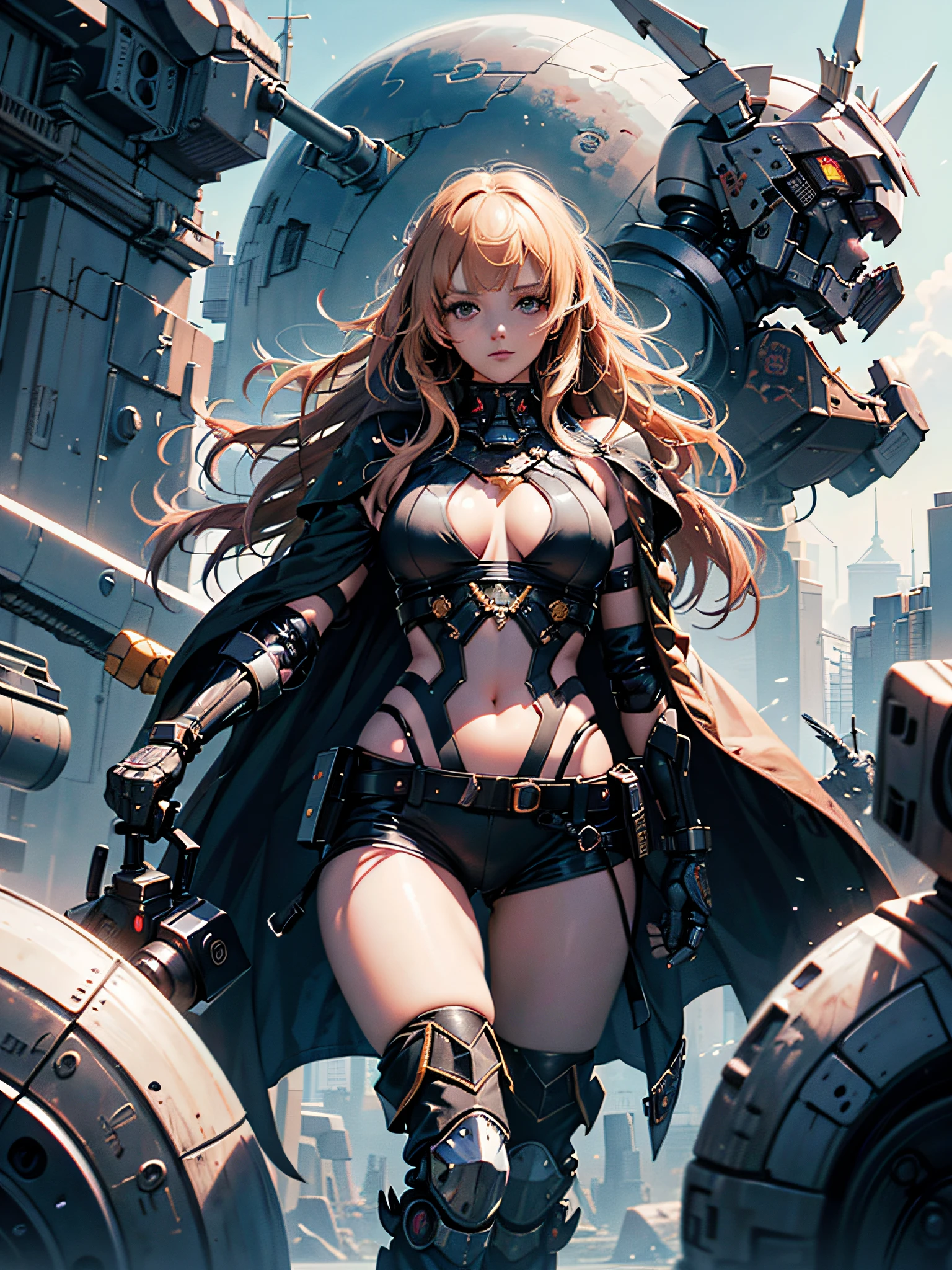 (The girl is in good shape, wearing a tight leather suit, showing her navel, huge breasts), (outstanding), (imaginative), (very detailed), ((two-thirds of the picture is a mecha, one-third is a girl))), (a mecha is similar to a Gundam), a huge mecha stands on the right side of the screen, standing like a stately tower, its pink body shines with the light of futuristic technology, the delicate texture and metallic luster are awe-inspiring, and the tall volume of the mecha seems to devour space, It gives people a feeling of infinite strength, the beautiful girl in black silk and leather clothes leans behind the mecha, she is a charming and confident image, the black leather coat clings to her body, highlighting her perfect curves while also revealing a resolute breath, long hair gently fluttering, dancing with the breeze, adding a touch of playful atmosphere, the mecha stands tall, like a guardian tower, its arms and legs are smooth and powerful, revealing indestructible strength, and holding a huge weapon in its hand, Shows its fearless fighting spirit, the mecha's head design is unique, the eyes reveal wisdom and determination, as if it is a guardian of wisdom, the whole picture flows with a strong technological atmosphere, the existence of the mecha gives people a sense of security and shelter, and the girl exudes a light of confidence and courage, she leans against the mecha, as if under the protection of the watcher, fearlessly facing the challenges of the future, this painting tells a heroic and magnificent story, the mecha and the maiden are interdependent, Together, they create a picture of strength and hope, and their images intertwine on the canvas, revealing an incredible spectacle --auto --s2