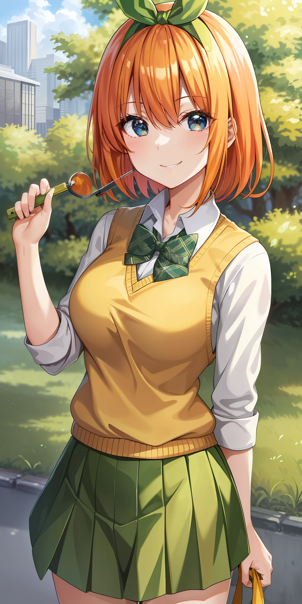 2d, masterpiece, best quality, anime, highly detailed, 1girl, solo, cowboy shot, nakano yotsuba, orange hair, hair bow, green bowtie, yellow sweater, collared shirt, green skirt, miniskirt, medium breasts, standing, school, outdoors, smile