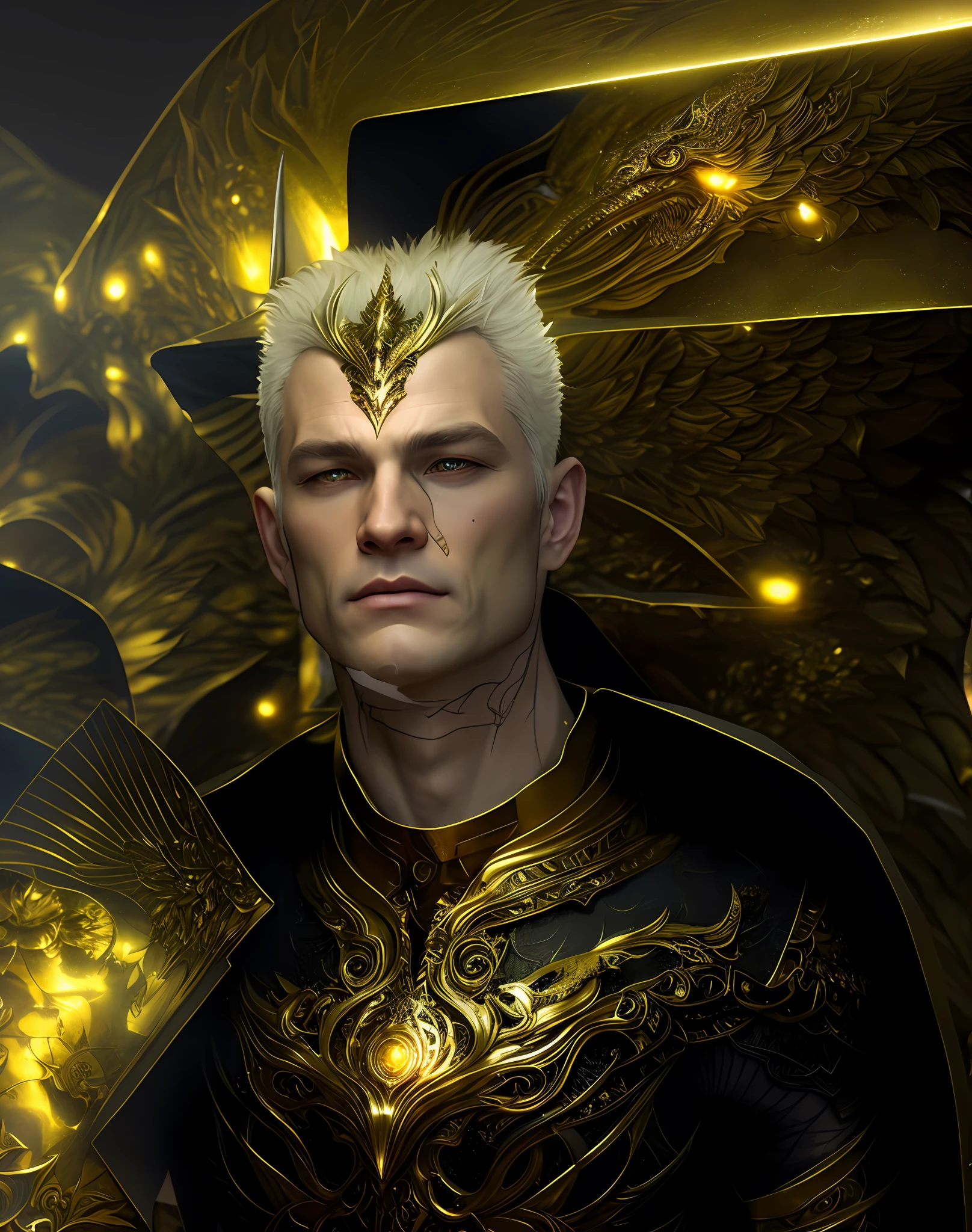 A beautiful symmetrical muscular full body wearing a dragon armor with wings made of golden ornaments and gems, by alex gray and android jones , Karol Bak, Ayami Kojima, Amano , concept art, character design, fantasy,3D, 8k resolution