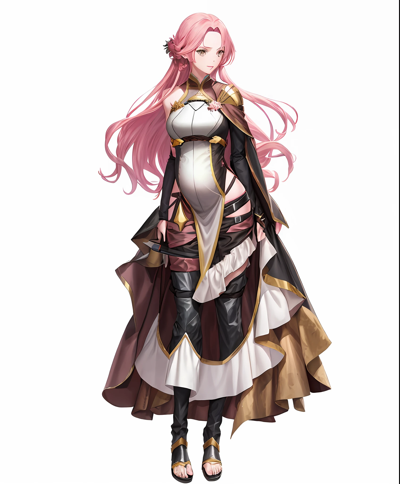 a pregnant woman in a long dress with a sword and a cape, and pink hair female art, Olivia of fire emblem, official character art, anime goddess, edelgard fire emblem, full body rpg portrait, best anime character design, anime full body illustration, knights portrait of zodiac girl. Pregnant
