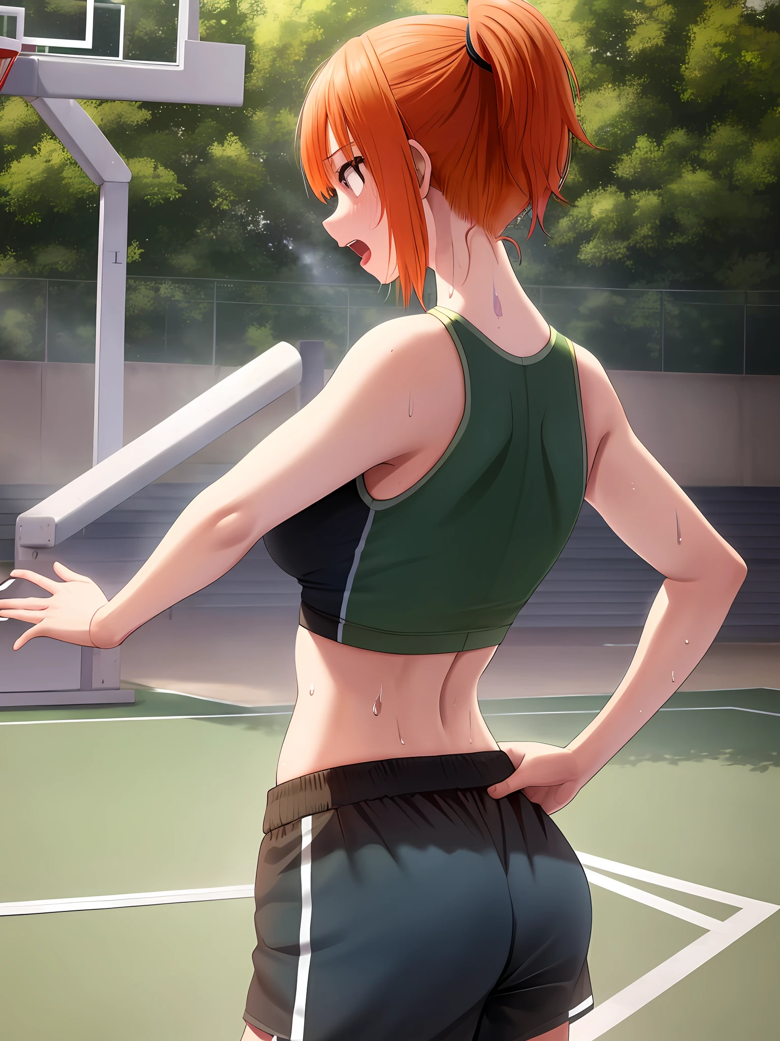 nakano_yotsuba,
outdoors, basketball court,
ultra-detailed 8k, masterpiece world theater, textured skin, ambient light, realistic shadows,
1girl (solo:1.3), sports bra, high ponytail, shorts, (sweat:0.9), breathing out, concentration, hands on hip, orange hair, holding, heavy breathing, open mouth , short hair,
cowboy shot, from behind