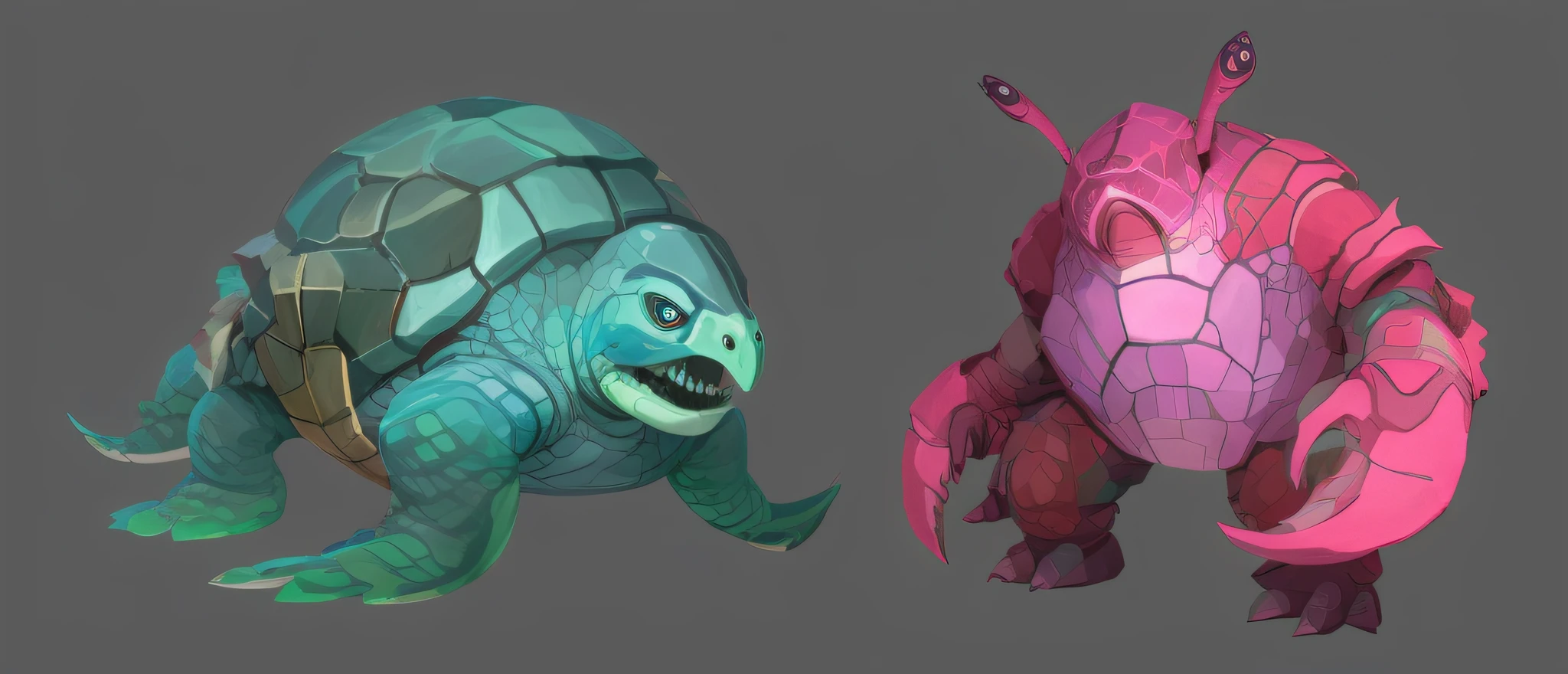 two different colored creatures with a pink and green body, humanoid turtle monster, concept creature character art, fantasy creature concept art, stylized concept art, monster concept art, creature design, realistic creature concept, creature concept art, dota 2 concept art, great leviathan turtle, isometric 3d fantasy turtle, monster character design, colored concept art --auto --s2