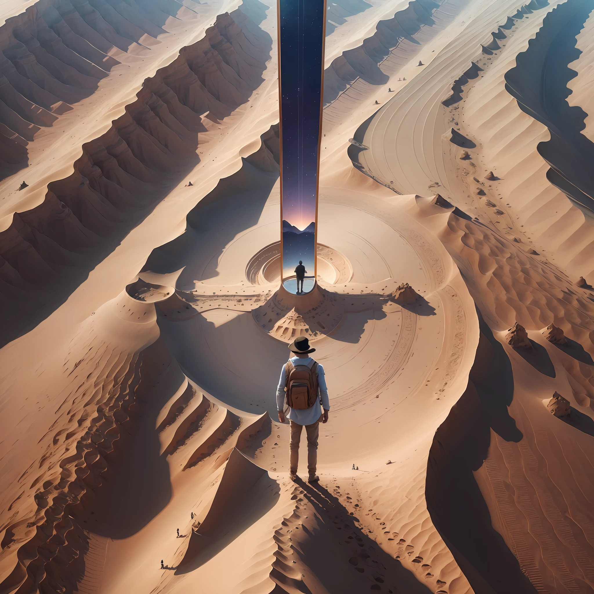 Looking from the sky, a person stands in the middle of the desert, looks up, and extends a finger to the sky. People are very small. Very real, unparalleled detail, separation, contempt.