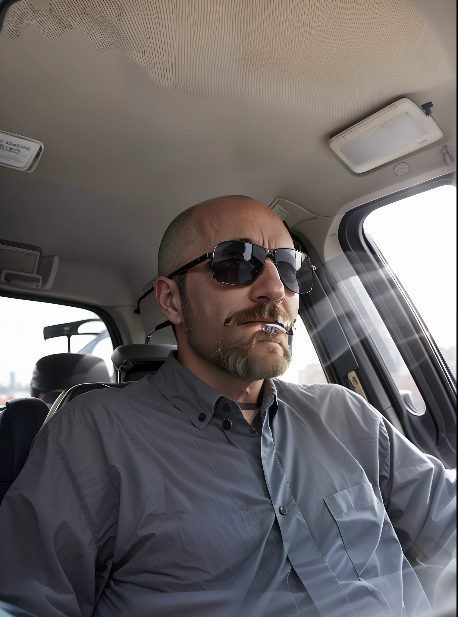 There's a man sitting in the back seat of a car, taken in early 2020, driving, wearing masks, looking cool and elegant, wearing Versace sunglasses, he's about 40, he's about 40, he's about 40, handsome man, man in his 40s, just adding a bigger beard