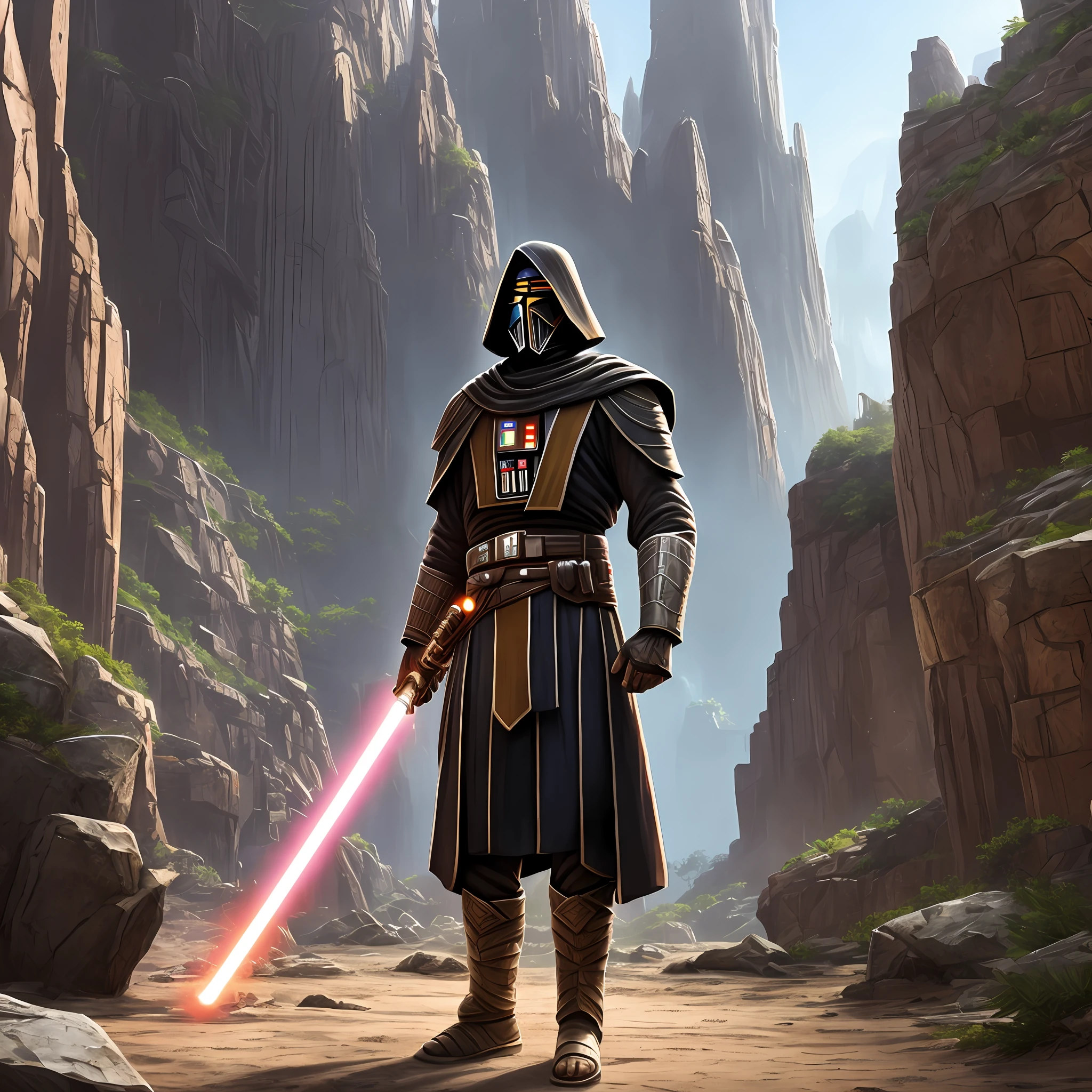 Jedi Sentinel Temple Guard "Kotor" 1 man, Revan Raiment, black robes, star wars, standing, mask, combat position, detailed background, lightsaber, desert, sand, rocks, watching the viewer, (closed mouth: 1.0), NSFW, official art, extremely detailed wallpaper CG unity 16k, perfect lighting, colorful, Bright_Front_face_Lighting, (masterpiece:1.0),(best_quality:1.0), ultra high resolution, 16K,ultra-detailed, photography, 16K, HDR, high resolution, absurd:1.2, Kodak portra 400, film grain, blurred background, bokeh:1.2, lens flare, (vibrant_color:1.2)
