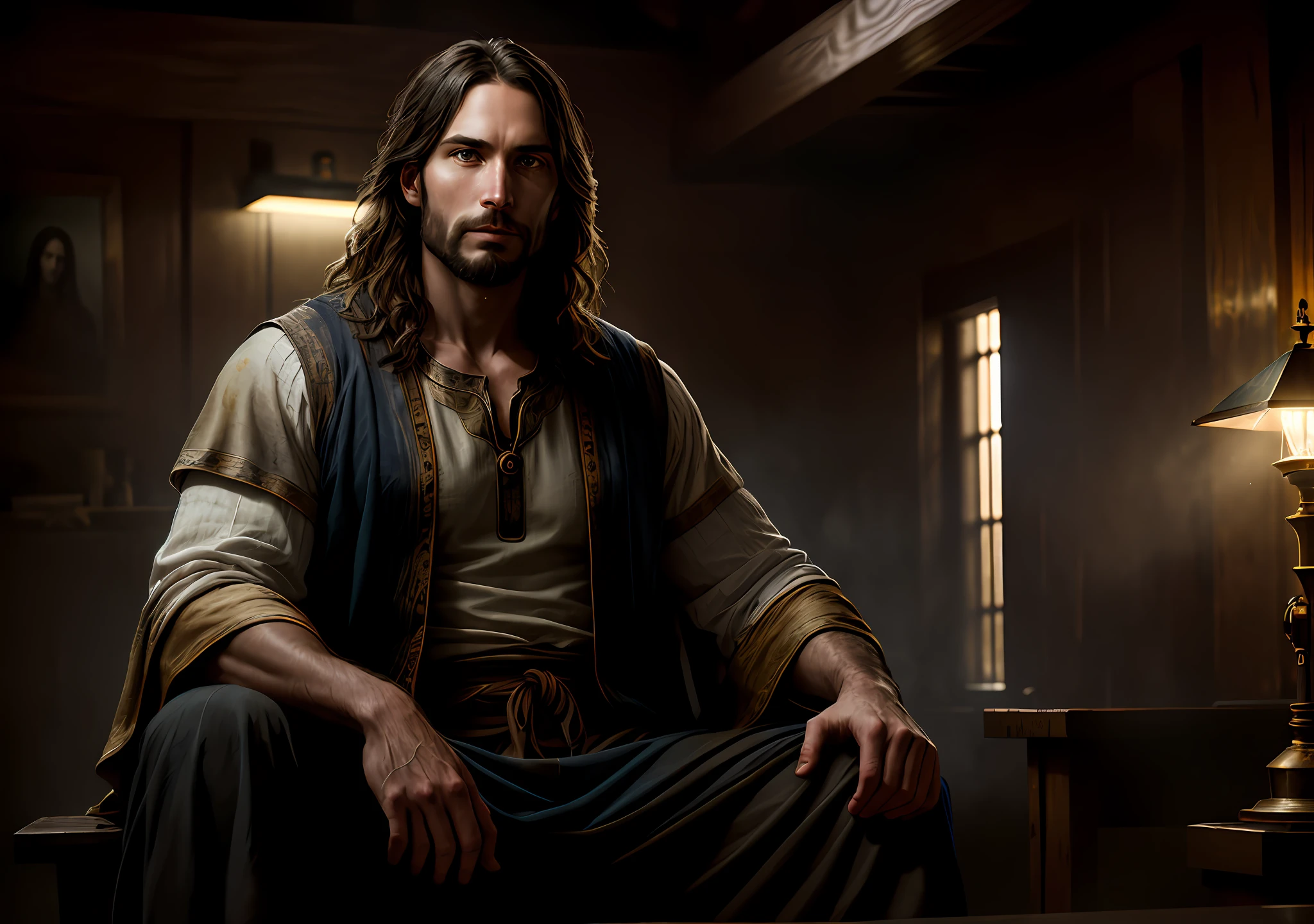 JESUS CHRIST sitting next to Noah's Ark dark photo: realistic epic, soft cinematic portrait, adobe lightroom, photographic lab, highly detailed, faded, art by greg rutkowski and artgerm, neutral colors: 1,2), (hdr:1,4), (soft colors:1.2), hyperdetailed, (artstation:1.4), cinematic, warm lights, dramatic light, (intricate details:1.1), complex background, (rutkowski:0.66), (blue and orange:0.4) (pointing indicator to camera)