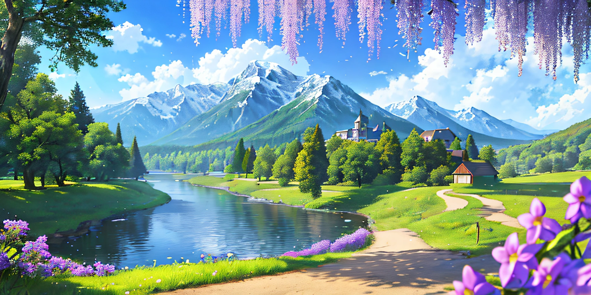 (masterpiece,best quality) PC Wallpaper, Mountain Scenery, High Detail, 4K, Daytime, green valley, spring, blue_sky, building, bush, city, cloud, cloudy_sky, day, field, flower, flower_field, forest, grass, hill, horizon, landscape, mountain, mountainous_horizon, nature, no_humans, ocean, outdoors, path, river, road, scenery, sky, afternoon, tree, water, wisteria, purple flower, eastern landscape