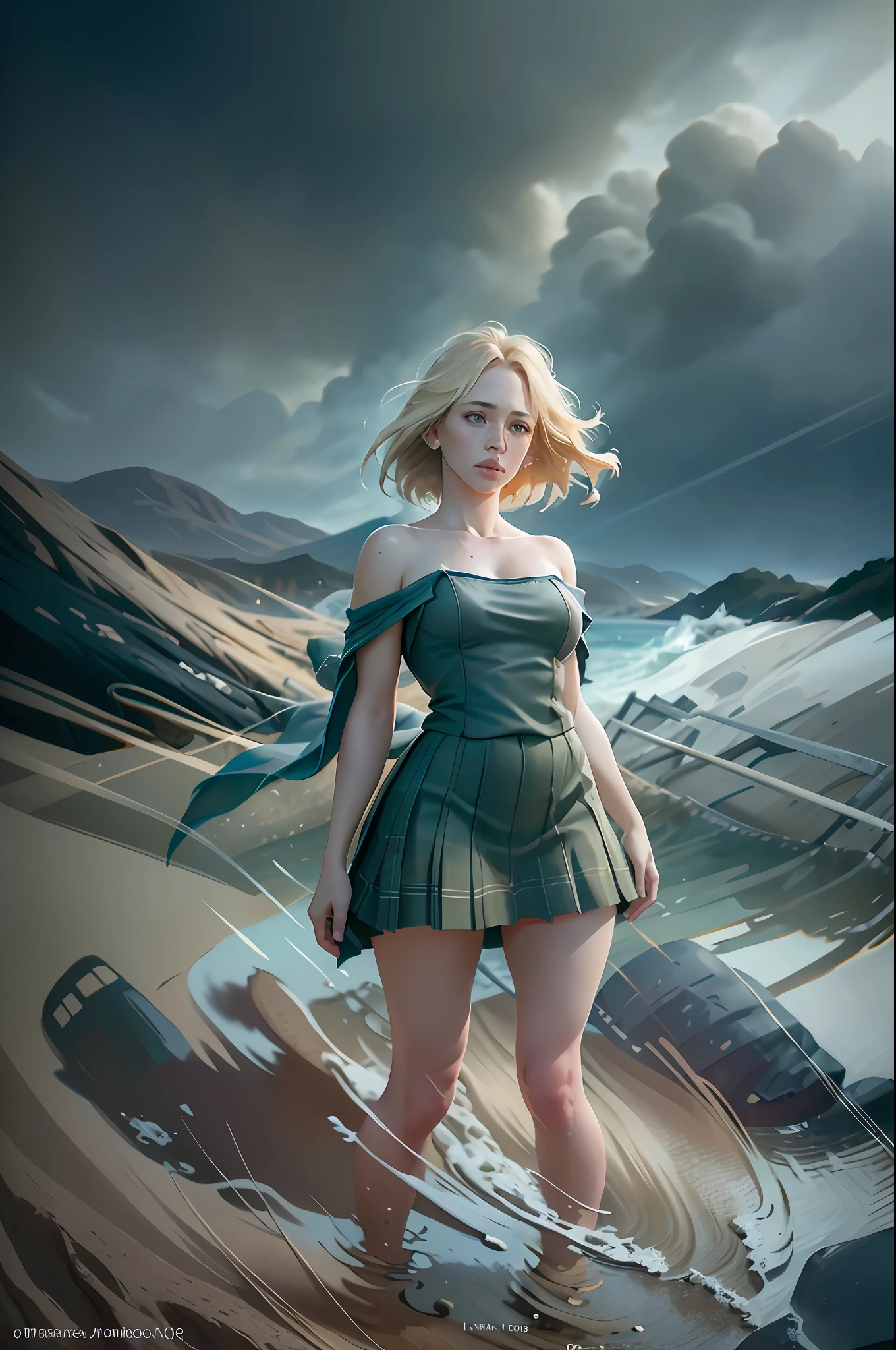 photo awarded best quality masterpiece upper body woman freckled face blonde hair blonde blown by wind emerald eyes strapless dress modern by Jeremy Lipking by Antonio J. Manzanedo by lee jeffries Nikon D850 film Stock Photography 4 camera kodak portra 400 lens f1.6 rich colors realistic texture hyper realistic dramatic lighting unreal mechanism trend on artstation cinestill 800, fisheye lens, kilt style, windy beach, Scottish loch, forest