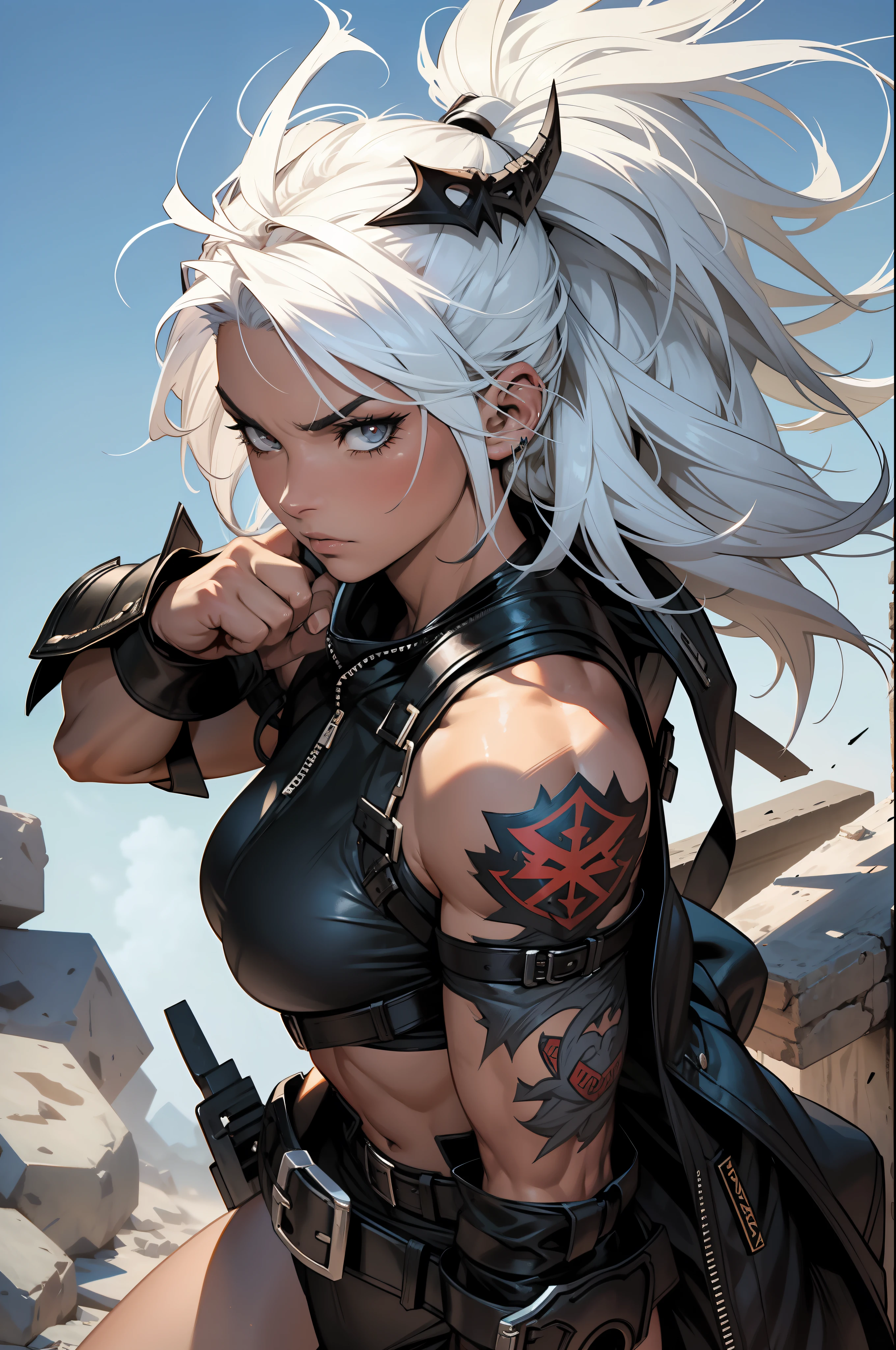 A muscular, almost naked warrior in the style of Simon Bisley and with white hair with black locks and tiny lingerie lying in very hairy sheepskin, action scene where she is about to attack something, cover of Heavy Metal magazine