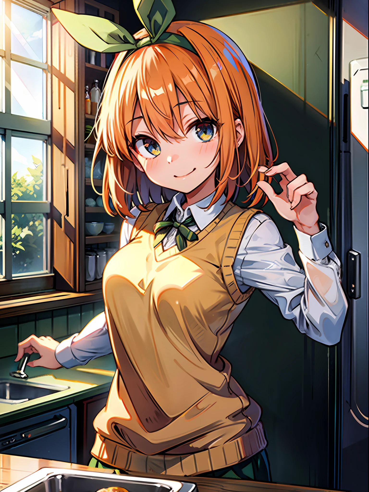 masterpiece, top quality, best quality, 1girl, Yotsuba, (smile), (green ribbon), Sweater Vest, jacket, (apartment), (kitchen), sun light, (messy)