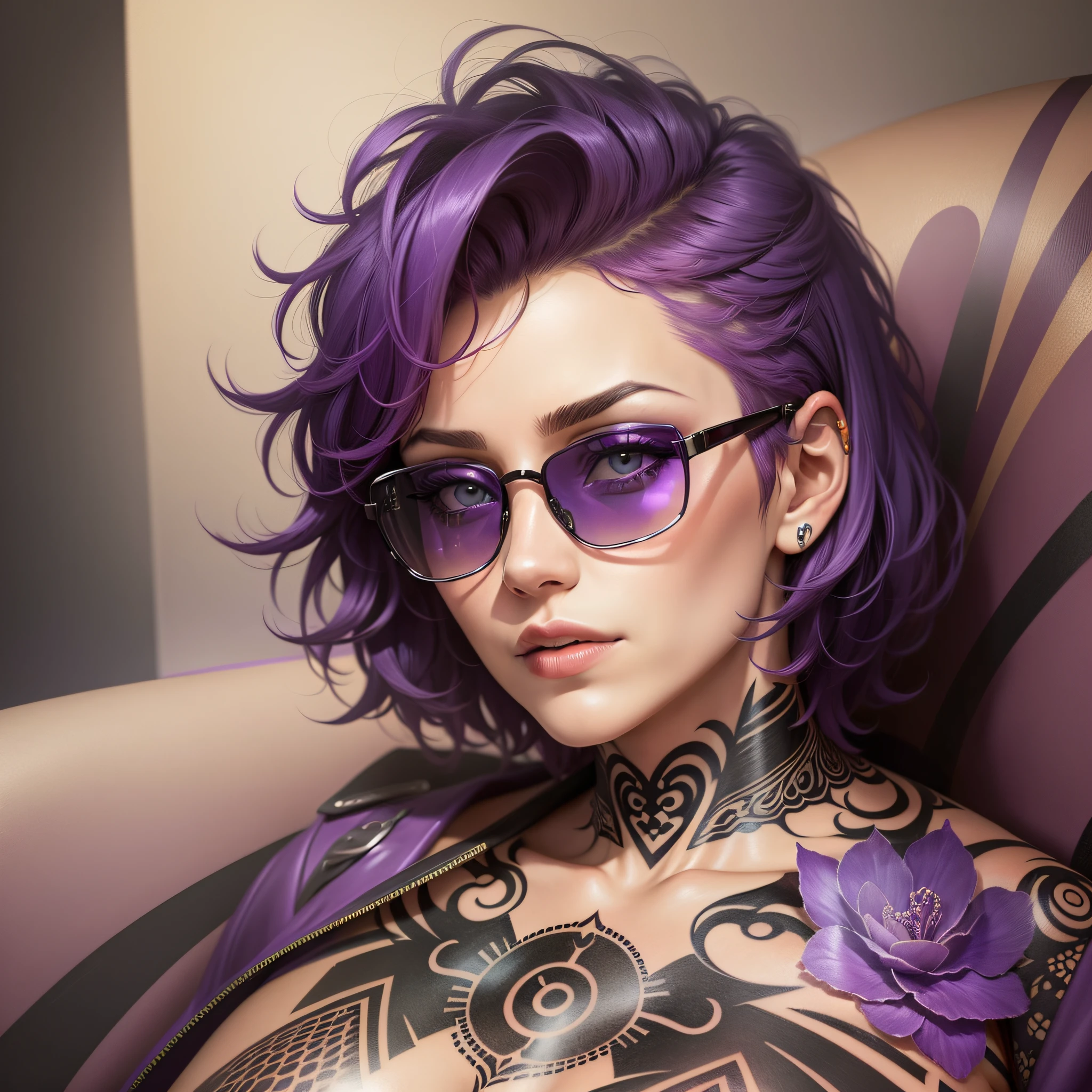 A woman with short purple hair, with her whole body tattooed, wears sunglasses, has tattoos on her face, is in a velvety armchair, realistic drawing style, focus on the face