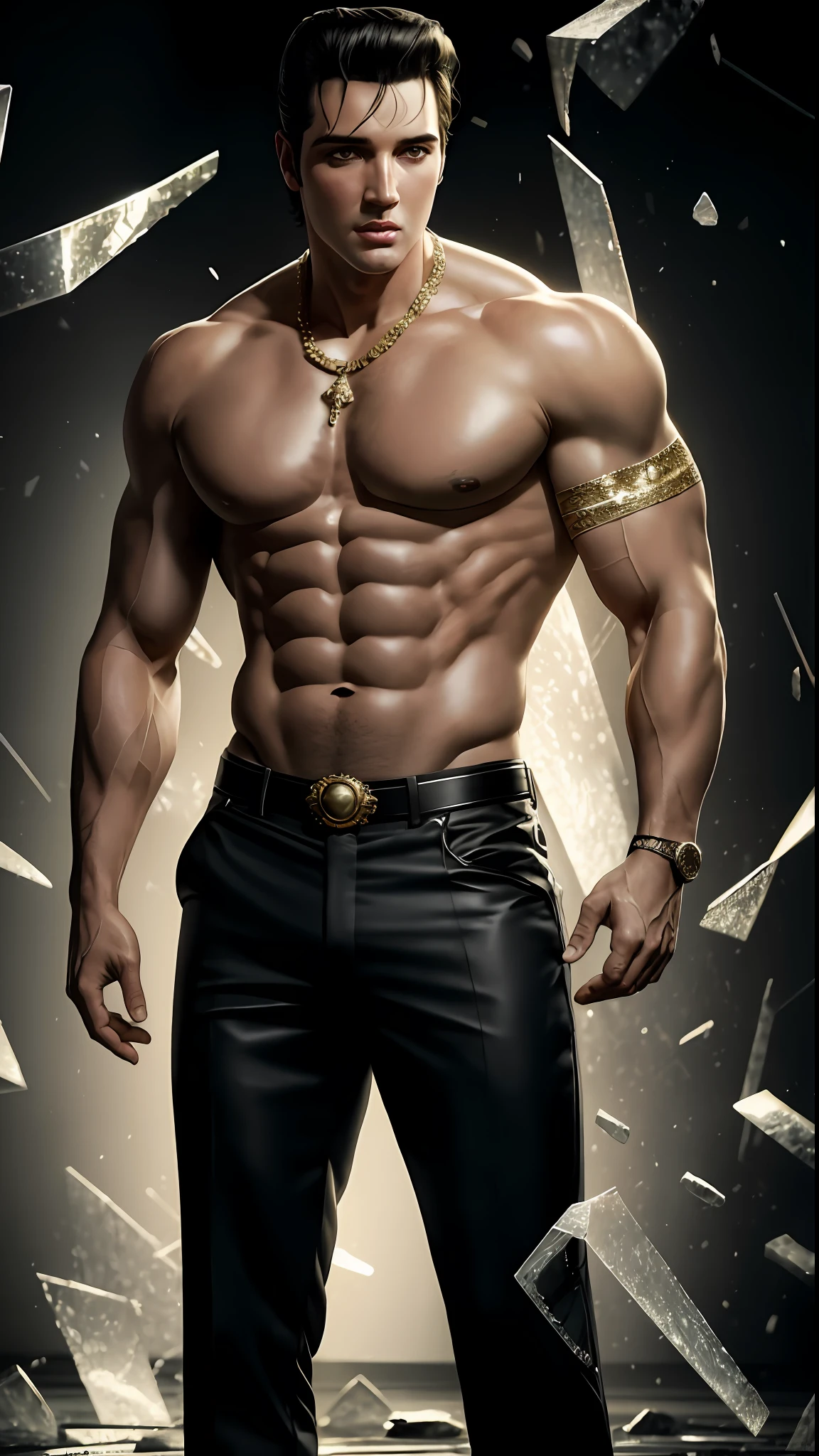 8k portrait of Elvis Presley Bodybuilder, shirtless, intricate, 35 years old, las vegas, full body, looking at the camera, elegant, (black eyes), highly detailed, majestic, digital photography, art by artgerm and ruan jia and greg rutkowski, black hair, broken glass around (masterpiece, side lighting, beautiful finely detailed eyes: 1.2 ), hdr