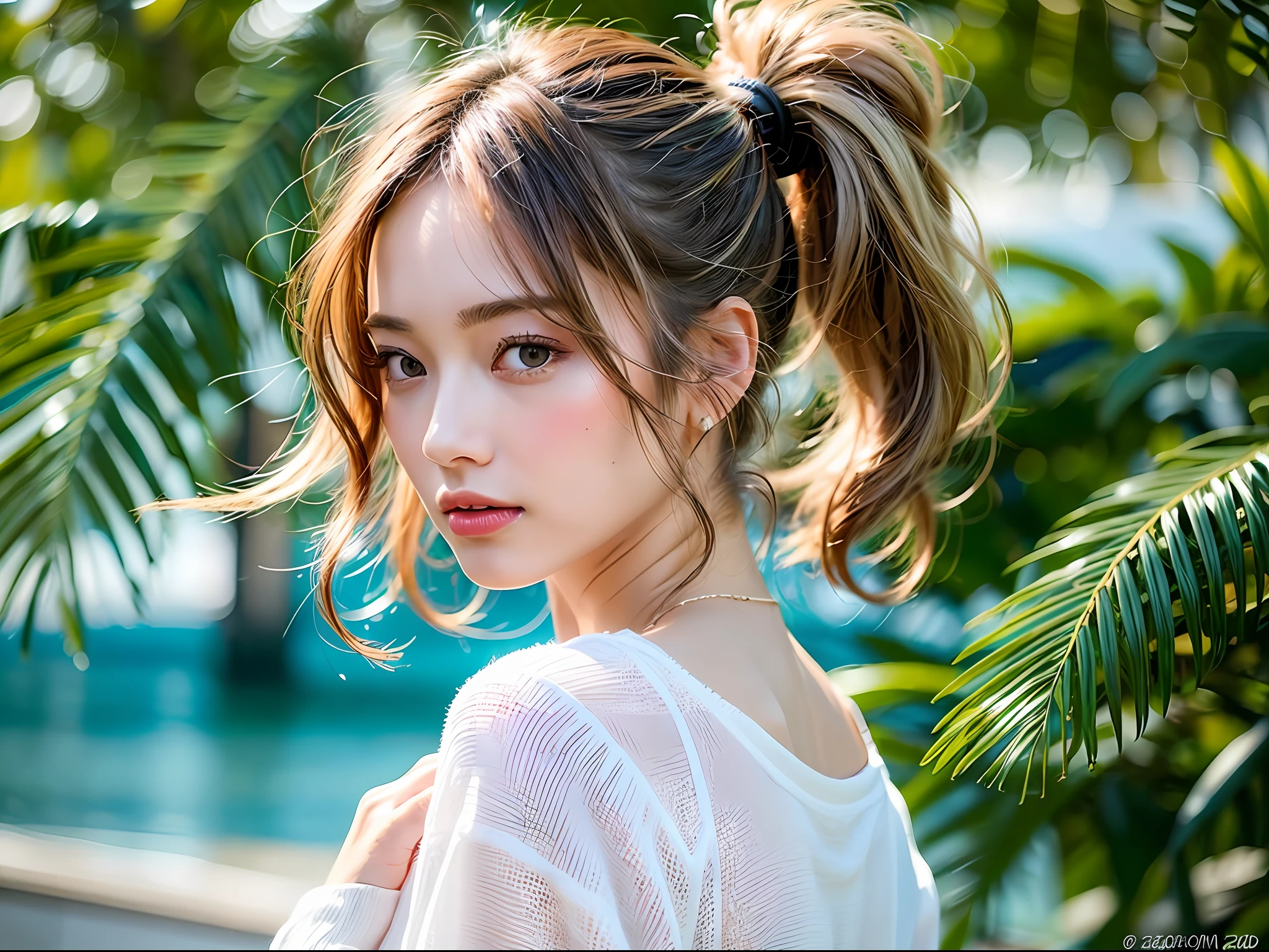 (8k, Best Quality, Masterpiece:1.2),(hair_style) ,(Realistic, Photorealistic:1.37), Best Quality, Masterpiece, Shot on wooden deck with sky and sea view in summer sunshine, [Small breasts], Backlight, Camera angle from waist up, Angle from behind, Pose with hair up with hands, Shot in natural light from morning to noon, Hairstyle and fashion style according to the Japan trend of 2023, realistic, lifelike, super detailed, beautiful face, 30s, actress, half Japan and half Russian, elaborate CG, slender, cute, mature, hairstyle is a short bob cut that matches the fashion of Japan in 2023 and hair fluttering in the wind, delicate skin type, fine details and softness of hair, The model's hair color is slightly bright and soft, and for glossy makeup and fashion style, choose an oversized T-shirt that matches the summer trend of 2023 and combine it with light pastel colors for a casual look.