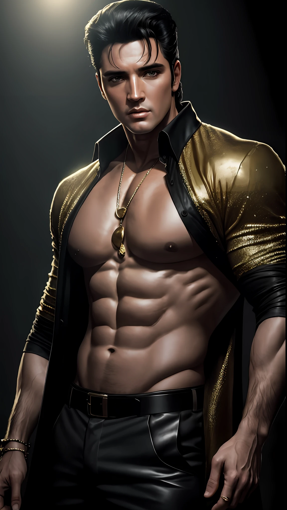 8k portrait of Elvis Presley Bodybuilder, shirtless, intricate, 35 years old, las vegas, full body, looking at the camera, elegant, (black eyes), highly detailed, majestic, digital photography, art by artgerm and ruan jia and greg rutkowski, black hair, broken glass around (masterpiece, side lighting, beautiful finely detailed eyes: 1.2 ), hdr