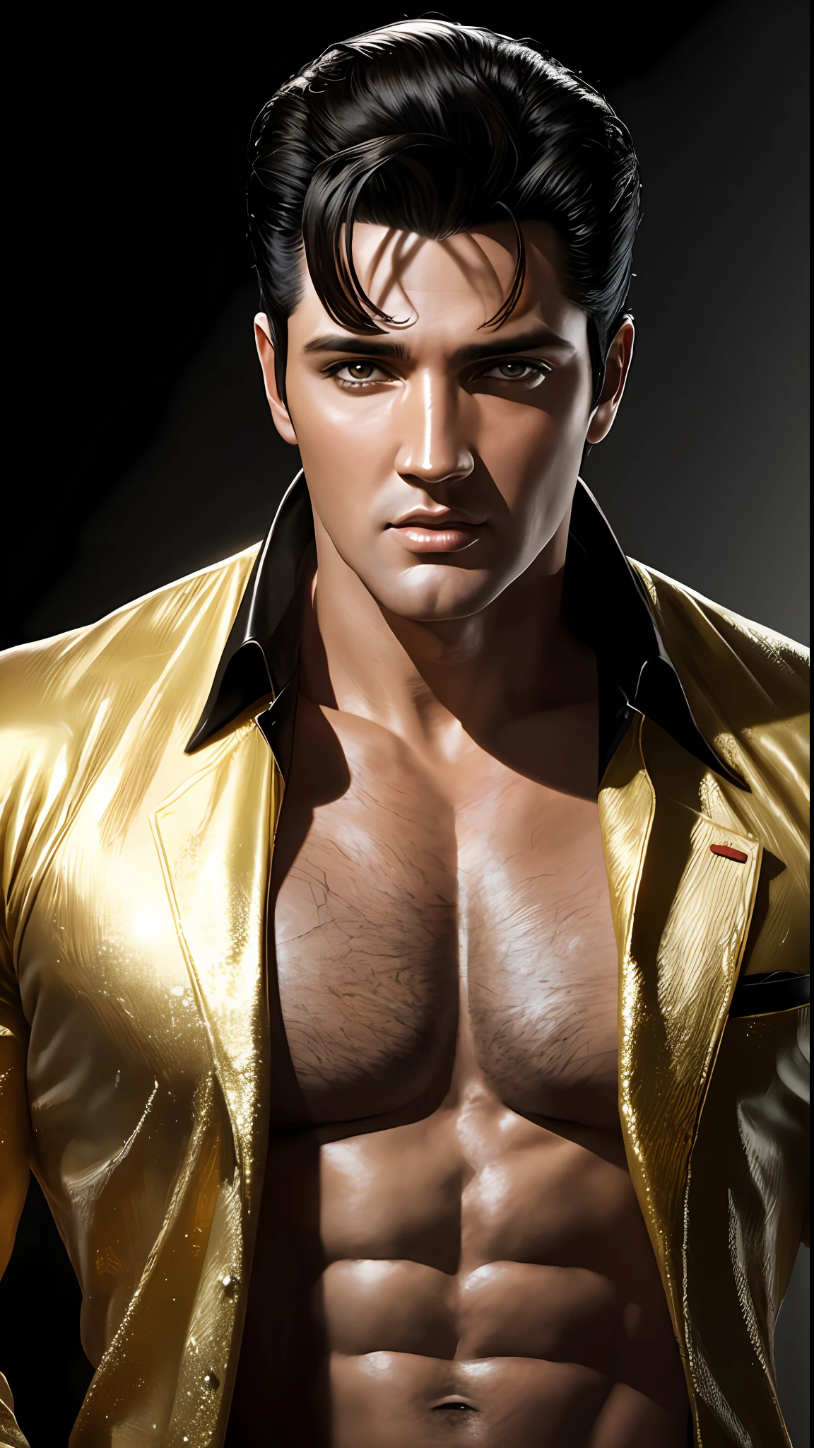 8k portrait of Elvis Presley Bodybuilder, shirtless, intricate, 35 years old, las vegas, full body, looking at the camera, elegant, (black eyes), highly detailed, majestic, digital photography, art by artgerm and ruan jia and greg rutkowski, black hair, broken glass around (masterpiece, side lighting, beautiful finely detailed eyes: 1.2 ), hdr