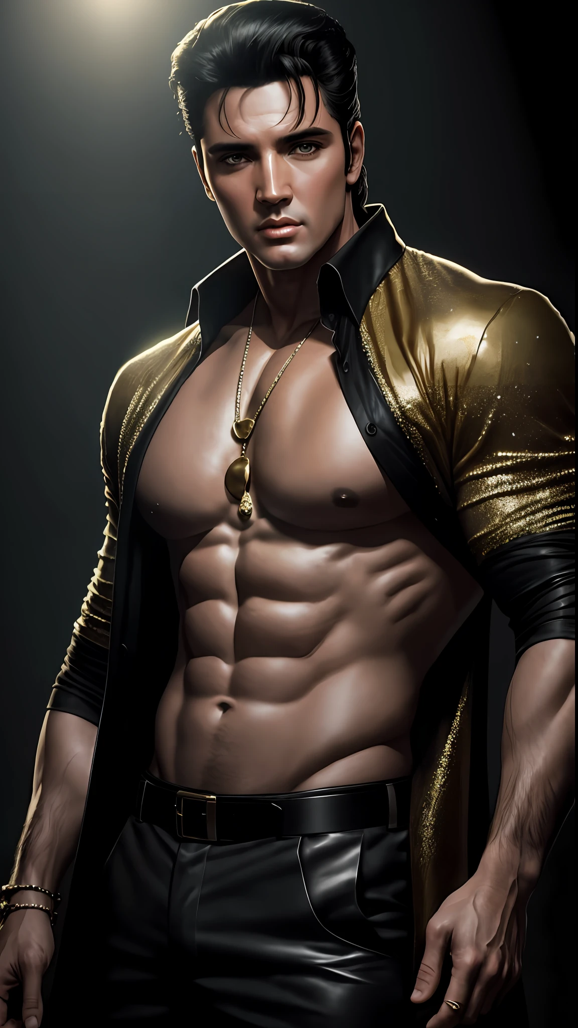8k portrait of Elvis Presley Bodybuilder, shirtless, intricate, 35 years old, las vegas, full body, looking at the camera, elegant, (black eyes), highly detailed, majestic, digital photography, art by artgerm and ruan jia and greg rutkowski, black hair, broken glass around (masterpiece, side lighting, beautiful finely detailed eyes: 1.2 ), hdr