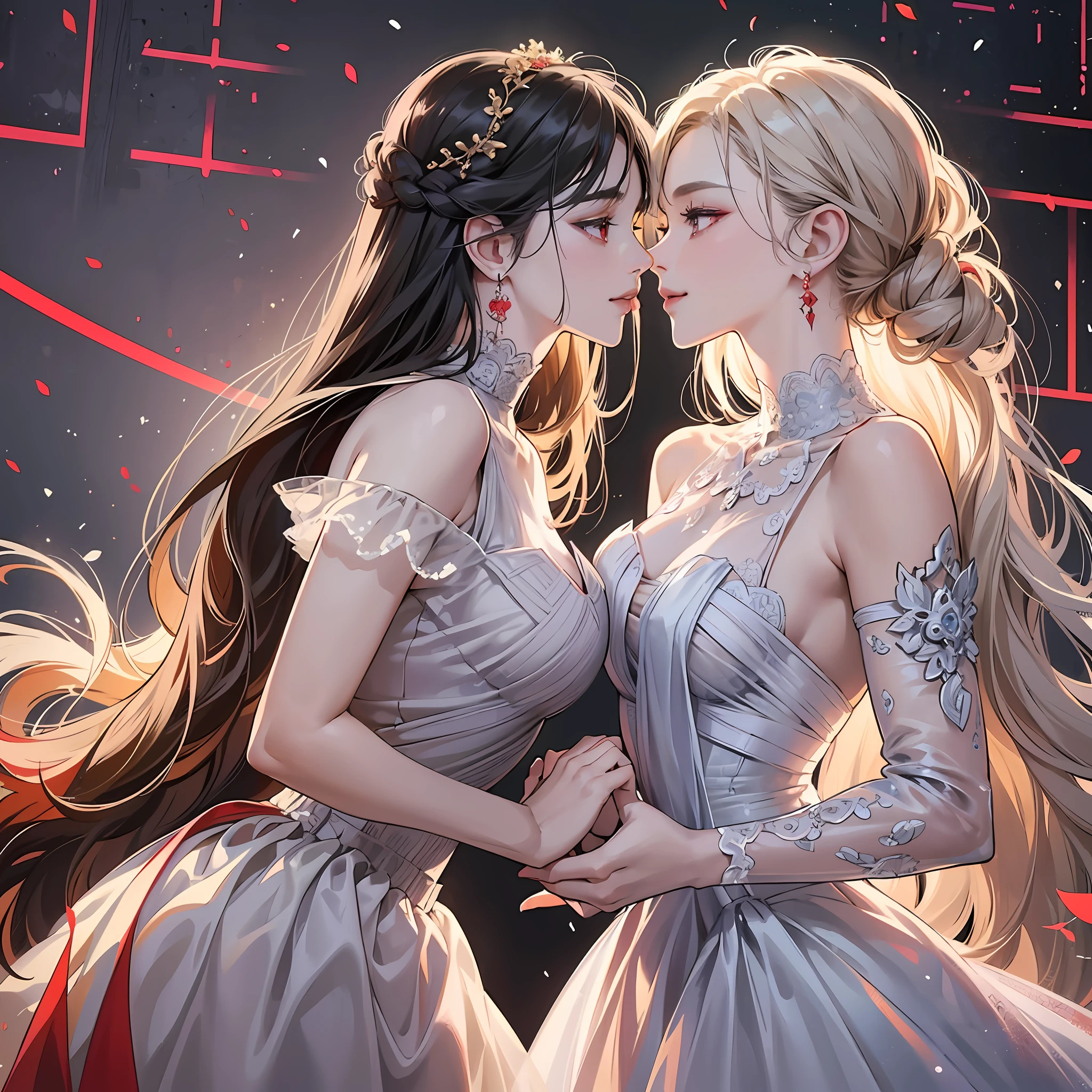 (masterpiece, best quality: 1.2), ultra realistic, well detailed skin, high quality, cinematic lighting, two beautiful women, kissing, black chinese dress with red: 1.2, facing each other holding hands, ultra-detailed face, detailed eyes, double eyelid, sfw, long dress, Coy smile, black, white and red colors --auto --s2