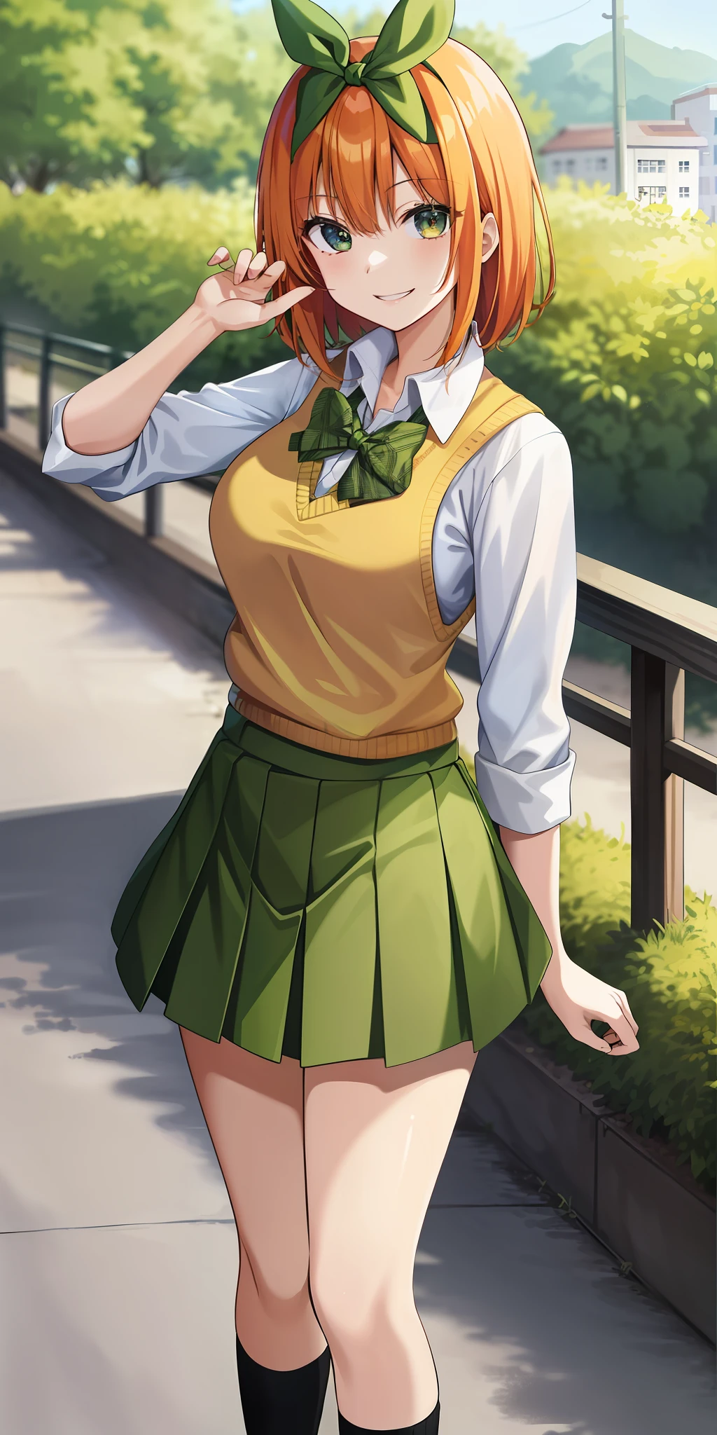 2d, masterpiece, best quality, anime, highly detailed, 1girl, solo, cowboy shot, nakano yotsuba, orange hair, hair bow, green bowtie, yellow sweater, collared shirt, green skirt, miniskirt, medium breasts, standing, school, outdoors, smile