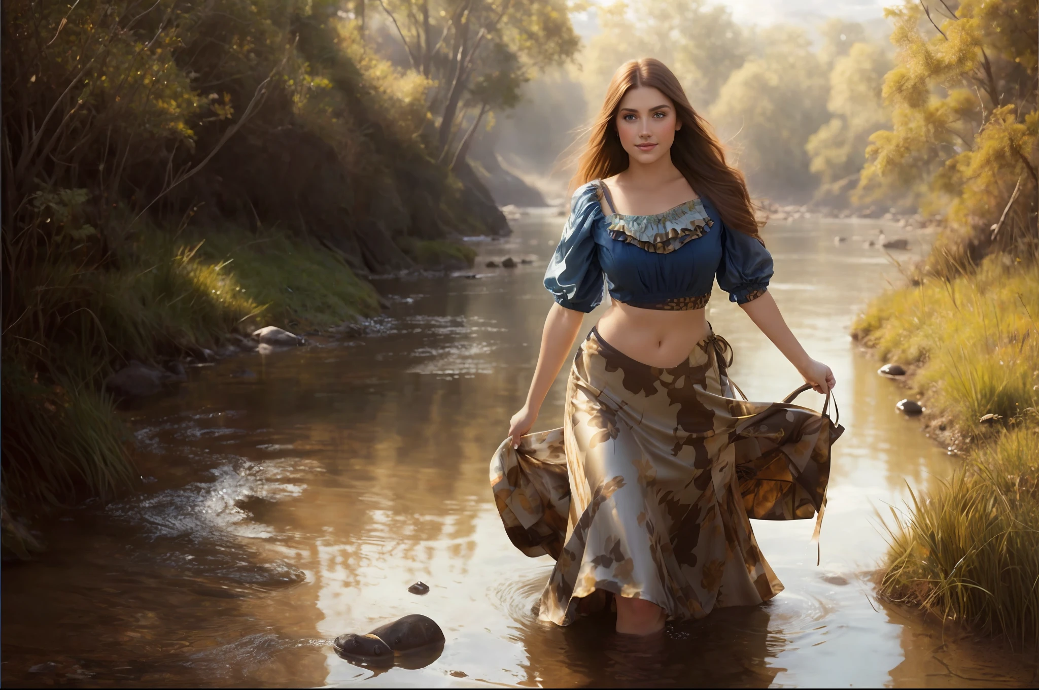 Photo, (sharp focus:1.2), attractive young woman, (beautiful face:1.1), detailed eyes, (smile:0.7), (body freckles:0.9), (medium breasts:0.8), (toned body:1.2), shiny (brown hair:1.1), wearing (sundress:1.2). depth of field. 4K, HDR. by (James C. Christensen:1.2|Jeremy Lipking:1.1).