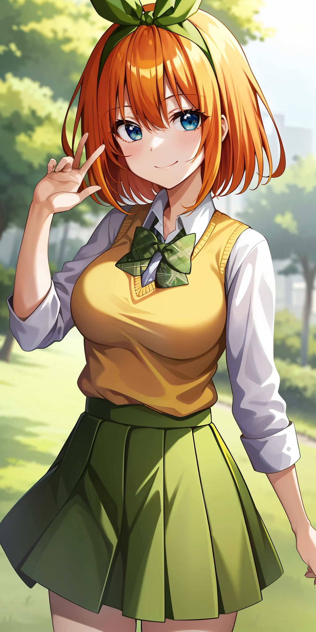 2d, masterpiece, best quality, anime, highly detailed, 1girl, solo, cowboy shot, nakano yotsuba, orange hair, hair bow, green bowtie, yellow sweater, collared shirt, green skirt, miniskirt, medium breasts, standing, school, outdoors, smile