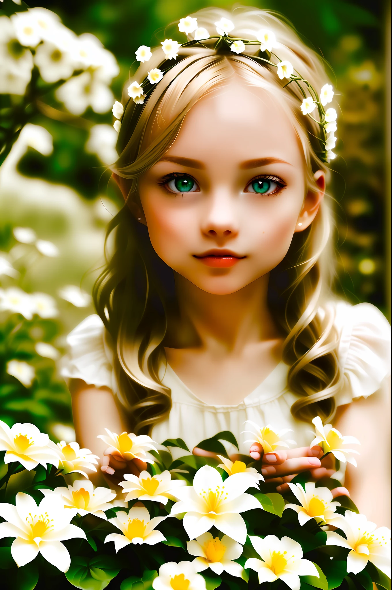 (LibraryAI), a small dark library with a gorgeous green-eyed blonde with a white flower in her hair reading