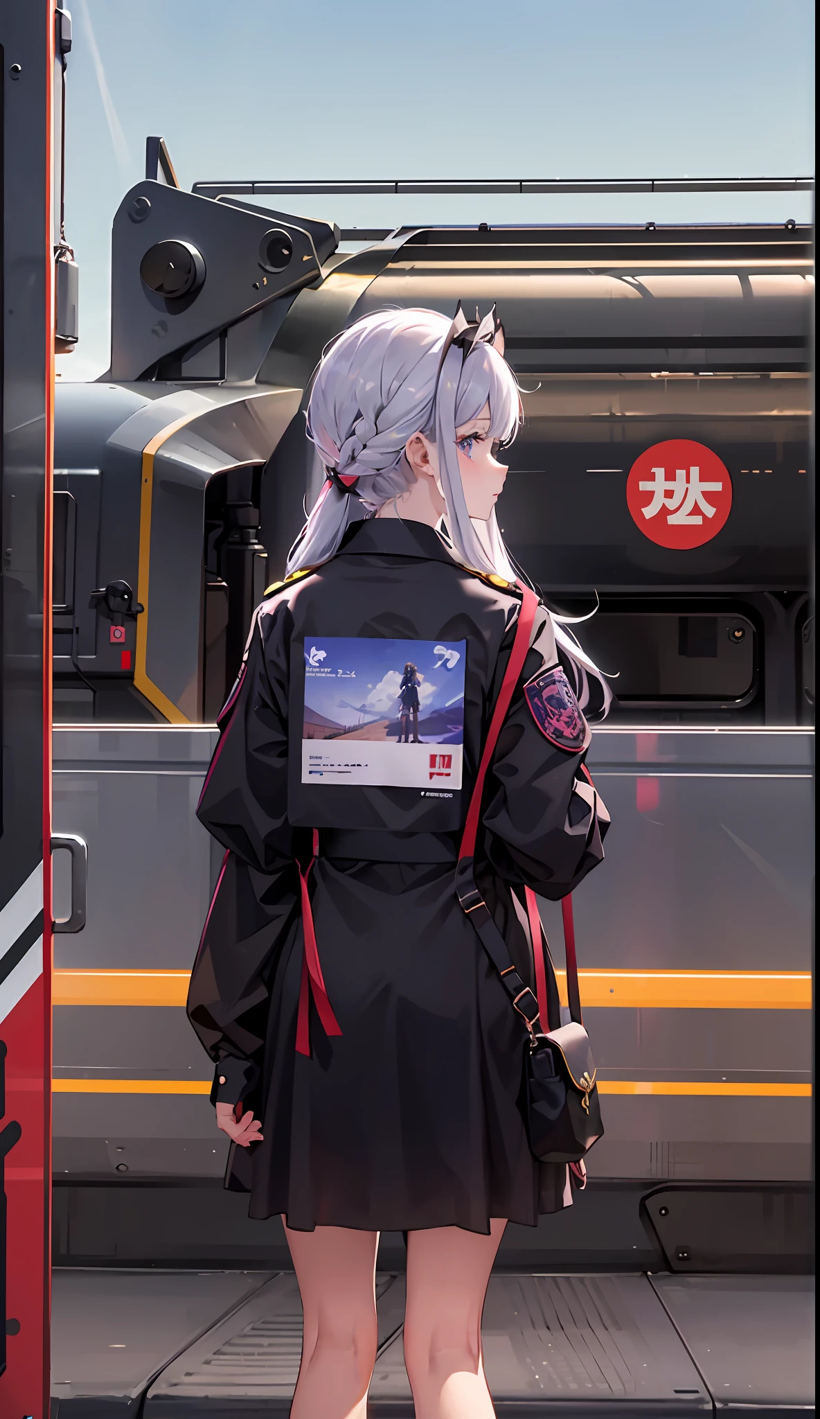 perfect anatomy, longly cute 1girl wearing mopdress and mopcap, taking a ticket standing on the railway to waiting something, sc-fi and wi-fi mixed style waifu, 2023s anime style, train is coming from back, backlight, glow the shaped, who running, by vania600 --auto --s2