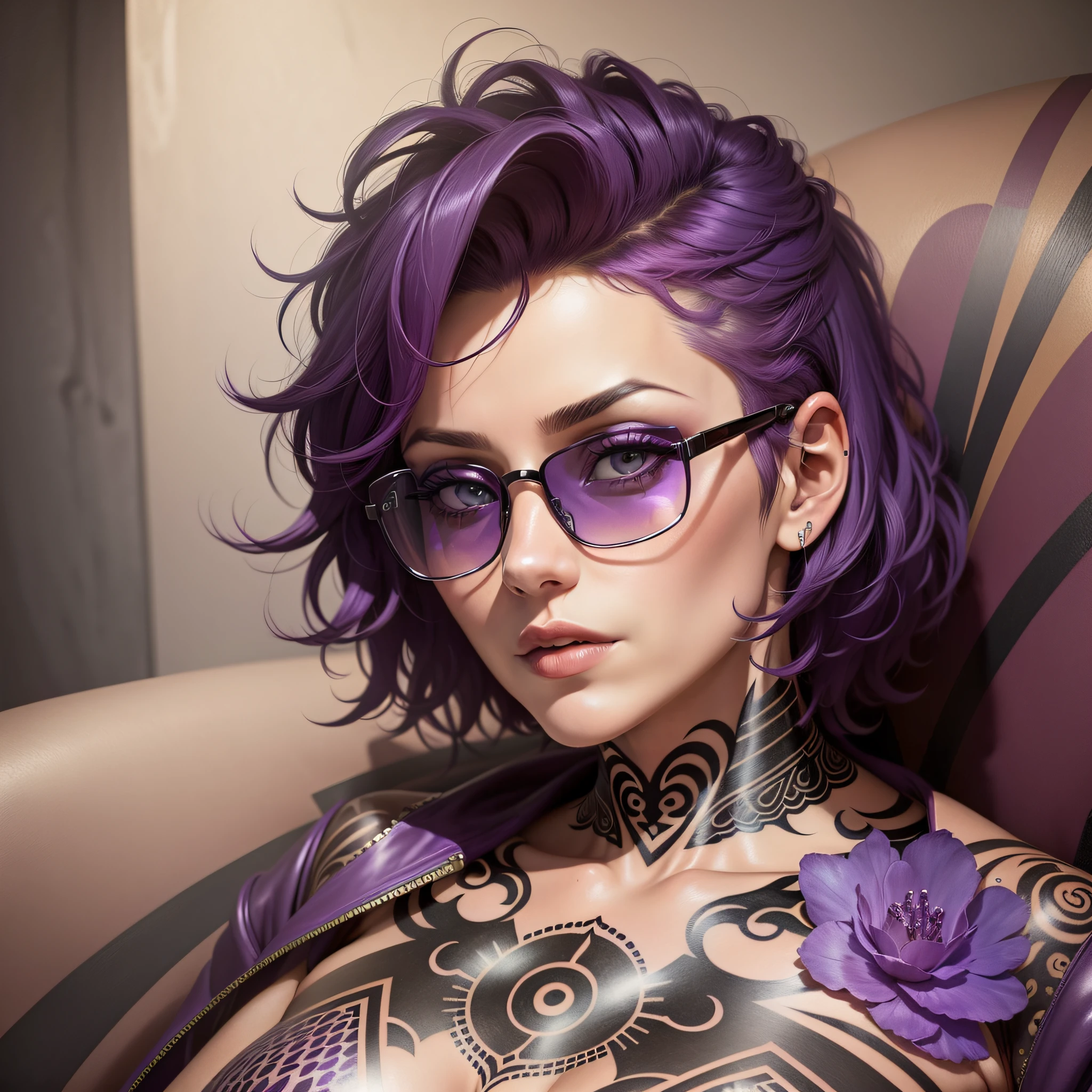 A woman with short purple hair, with her whole body tattooed, wears sunglasses, has tattoos on her face, is in a velvety armchair, realistic drawing style, focus on the face