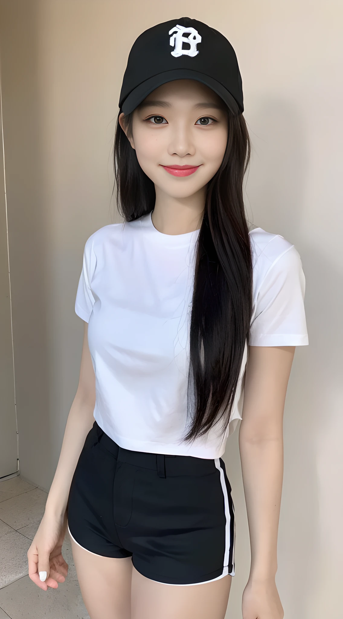((Best Quality, 8K, Masterpiece: 1.3)), (Baseball Cap: 1.3), Focus: 1.2, Perfect Body Beauty: 1.4, Buttocks: 1.2, (Layered Haircut: 1.2), (Dark Street: 1.3), Highly Detailed Face and Skin Texture, Full Body, Fine Eyes, Double Eyelids, Whitened Skin, Long Hair, (Round Face: 1.5), (Short Sleeves, Shorts: 1.6). smile