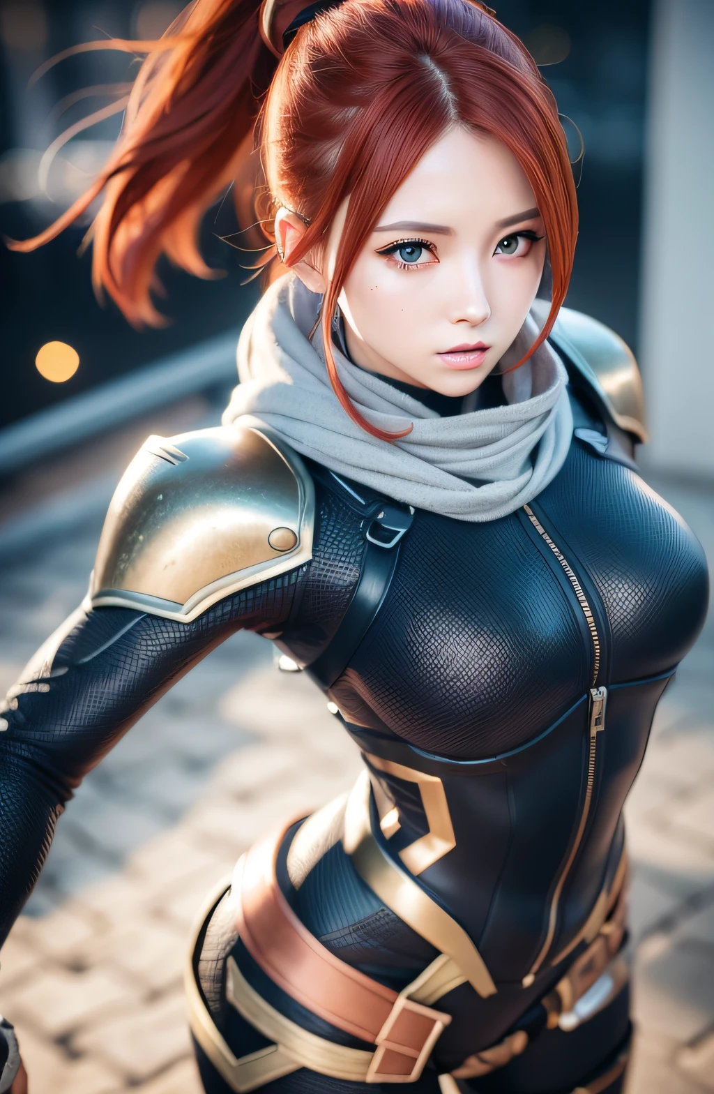 ((Waist)) Beauty anime girl /// (Character) wearing detailed combat body suit with scarf, detailed skin, face sharp focus, detailed eyes and pupils, detailed hair (redhead), intricate details and sharp, masterpiece, global illumination, real shadow, bokeh, best quality, photorealistic, realistic, 8k