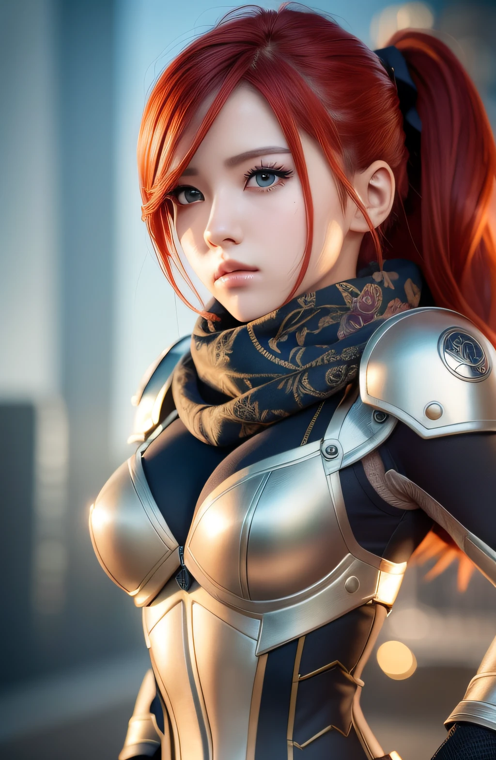 ((Waist)) Beauty anime girl /// (Character) wearing detailed combat body suit with scarf, detailed skin, face sharp focus, detailed eyes and pupils, detailed hair (redhead), intricate details and sharp, masterpiece, global illumination, real shadow, bokeh, best quality, photorealistic, realistic, 8k
