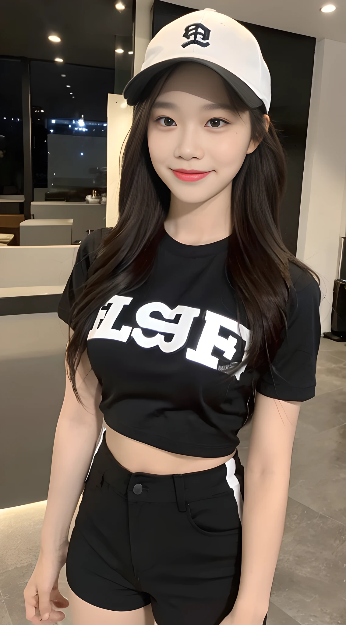 ((Best Quality, 8K, Masterpiece: 1.3)), (Baseball Cap: 1.3), Focus: 1.2, Perfect Body Beauty: 1.4, Buttocks: 1.2, (Layered Haircut: 1.2), (Dark Street: 1.3), Highly Detailed Face and Skin Texture, Full Body, Fine Eyes, Double Eyelids, Whitened Skin, Long Hair, (Round Face: 1.5), (Short Sleeves, Shorts: 1.6). smile