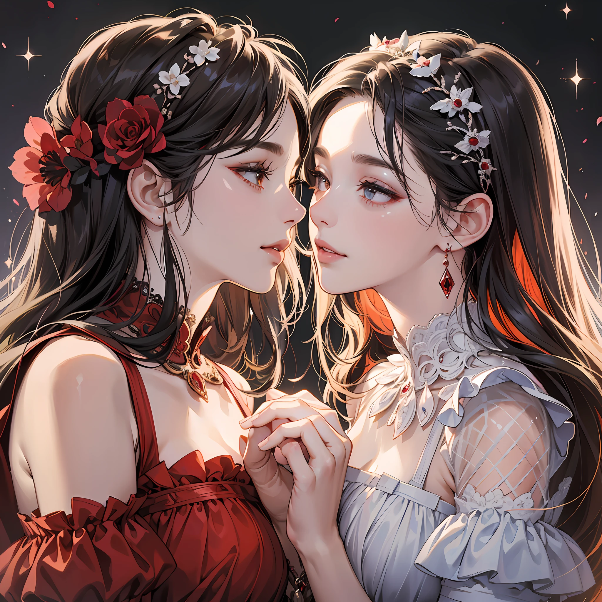 (masterpiece, best quality: 1.2), ultra realistic, well detailed skin, high quality, cinematic lighting, two beautiful women, kissing, oversized dress: 1.2, facing each other holding hands, ultra-detailed face, detailed eyes, double eyelid, sfw, long dress, Coy smile, black, white and red colors --auto --s2