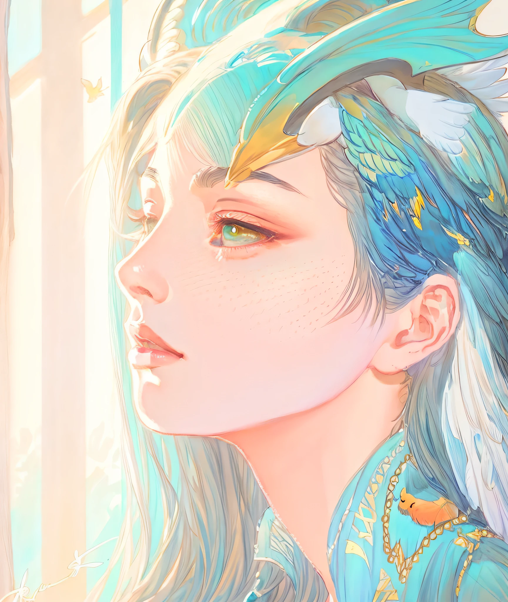 a close up of a woman with a bird on her head, rossdraws 1. 0, rossdraws portrait, rossdraws 2. 0, rossdraws digital painting, rossdraws 2. 5, gorgeous digital painting, by Ross Tran, wlop rossdraws, beautiful character painting, moebius + loish + wlop, digital fantasy portrait, fantasy concept art portrait