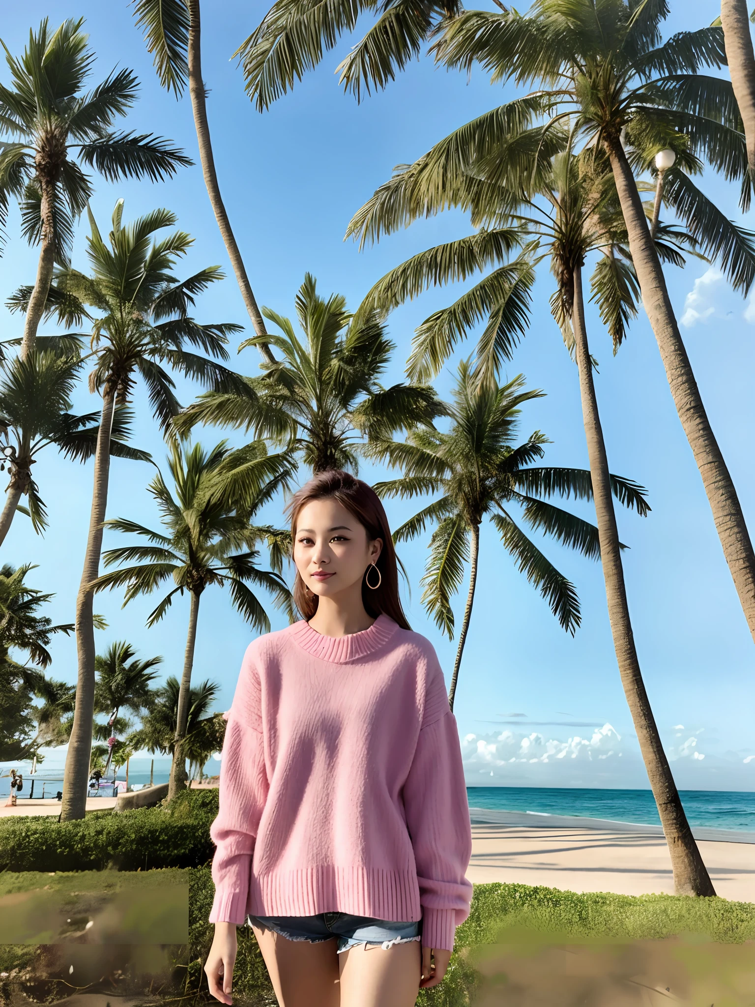 Alafe woman in pink sweater is touching earrings in park, palm tree behind her, palm tree in background, standing near beach, standing on beach, in park, park background, on the beach, in park, near beach, looking at pink sea, standing by the sea