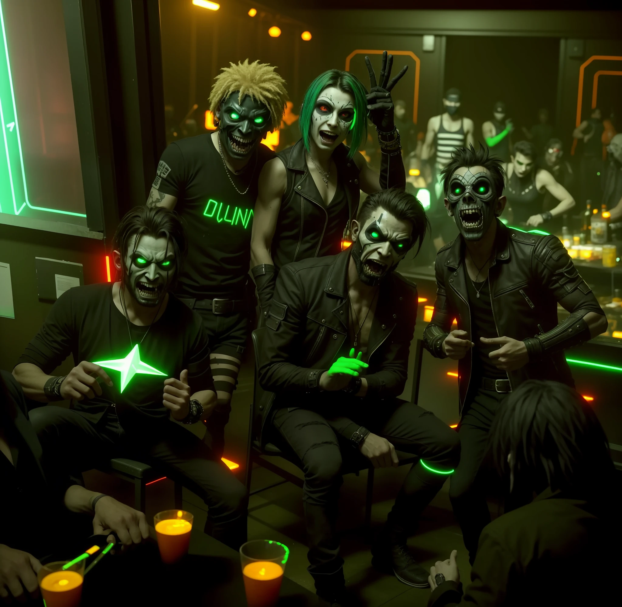 there's a group of people sitting together in a room, group of people in a dark room, vampire mask, overload, composition, by Galen Dara, goblins partying at a rave, cyber punk 2077, dark neon punk, cyberpunk-style, edited, cyberpunk with neon lighting, album art, hand quality, 5-fingers.