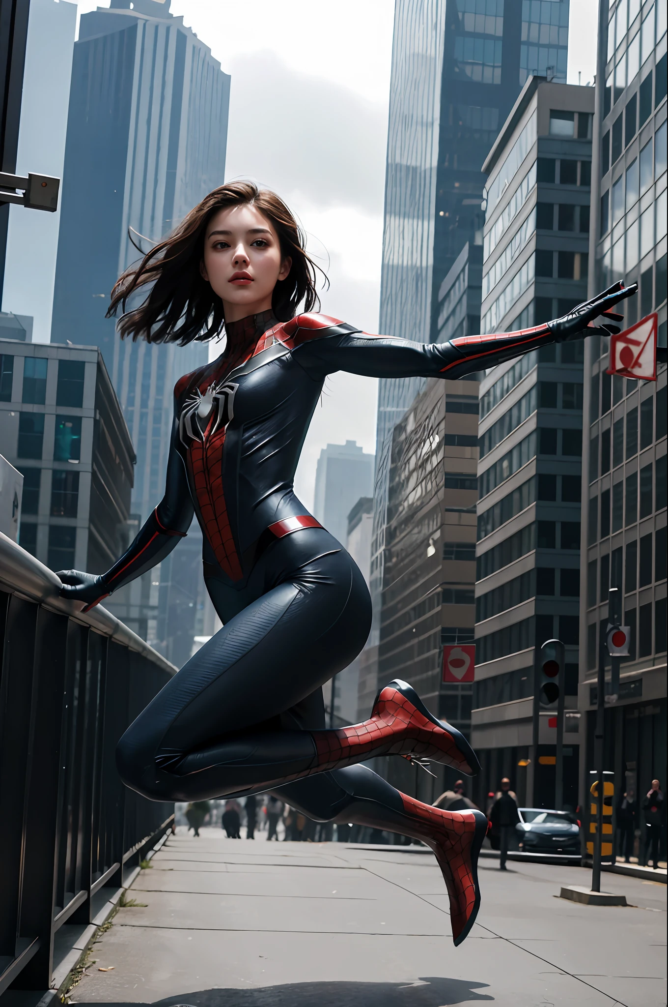 Top quality, delicate face, (((full body)), 20-year-old woman, (beautiful face)), slim body, metal body, (between skyscrapers), full body special equipment, spider-man suit, (jumping high), weightless posture, mid-air, small bust, cyberpunk, sci-fi,