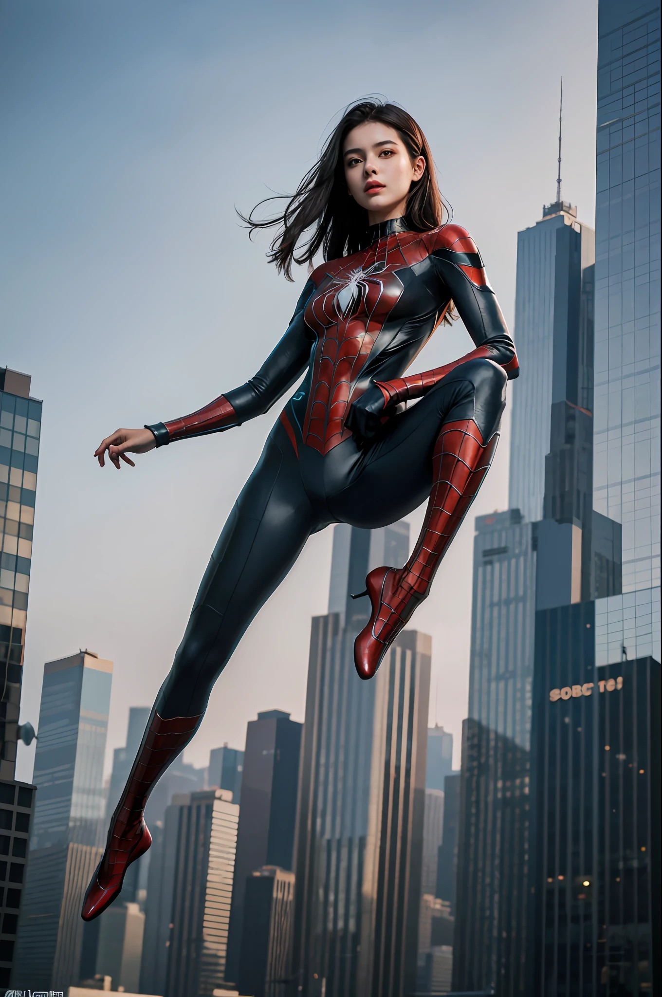 Top quality, delicate face, (((full body)), 20-year-old woman, (beautiful face)), slim body, metal body, (between skyscrapers), full body special equipment, spider-man suit, (jumping high), weightless posture, mid-air, small bust, cyberpunk, sci-fi,