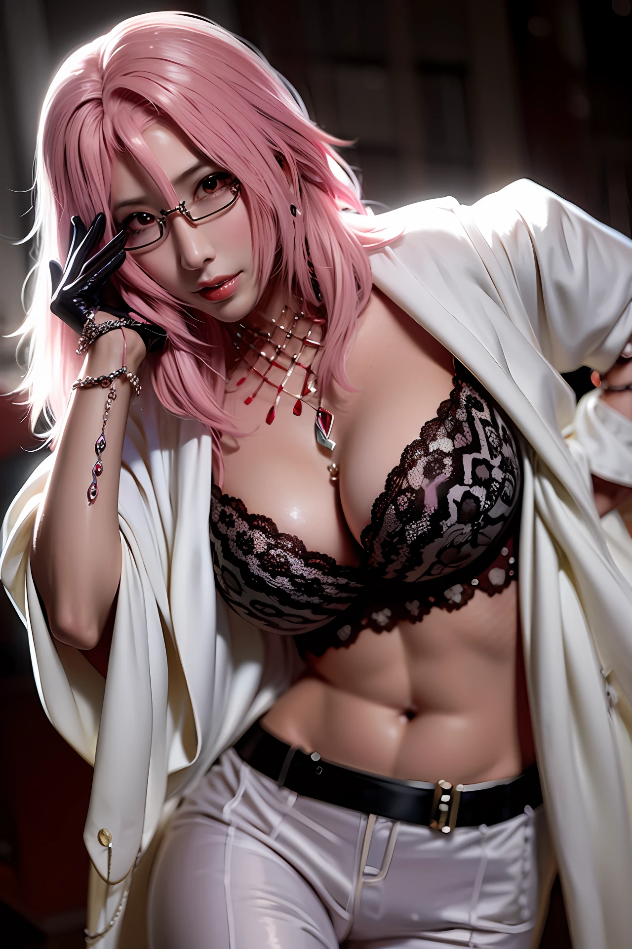 Sexy woman big breasts glasses pink hair lingerie